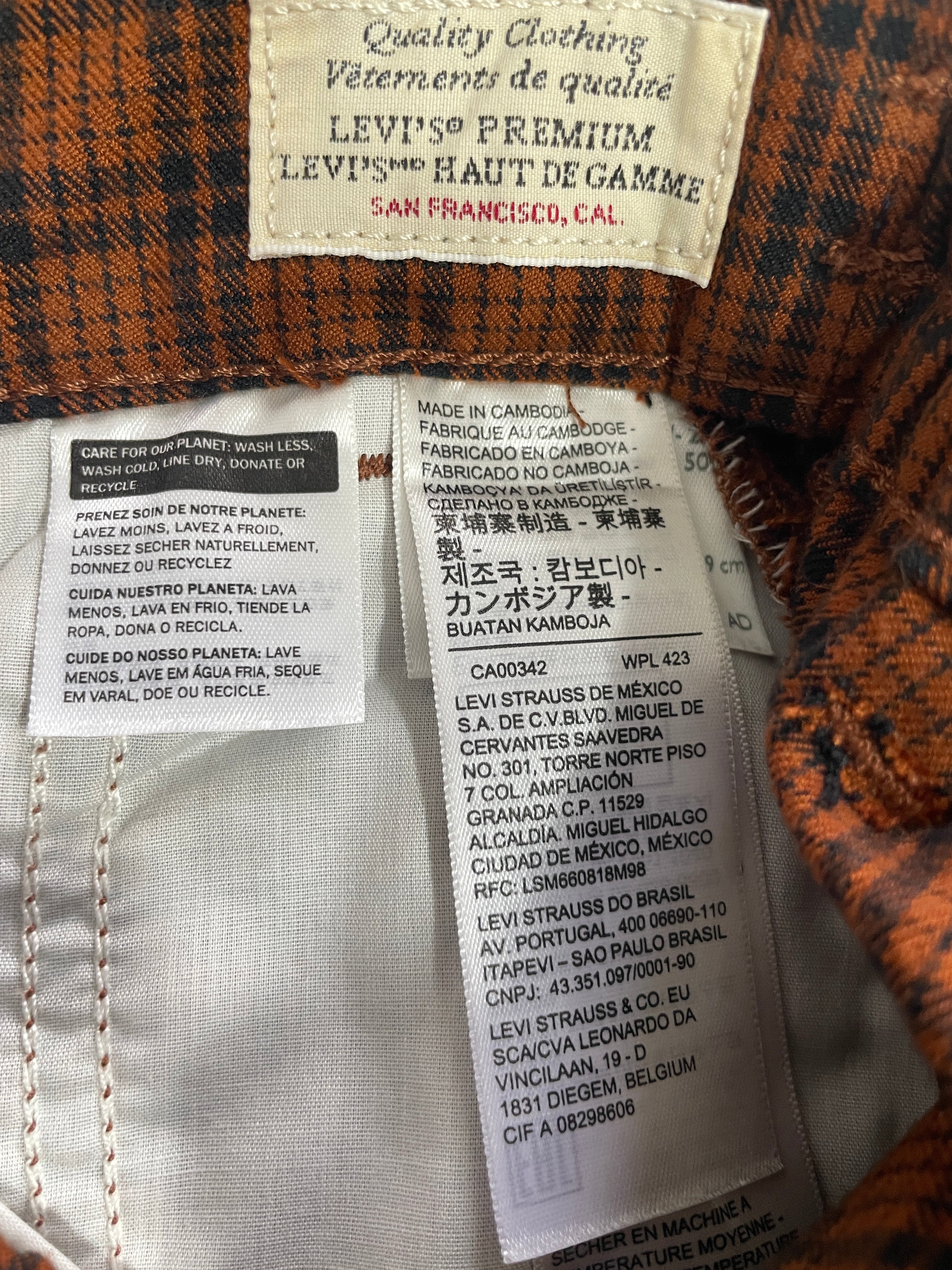 Levi's Premium interior garment label and care instructions