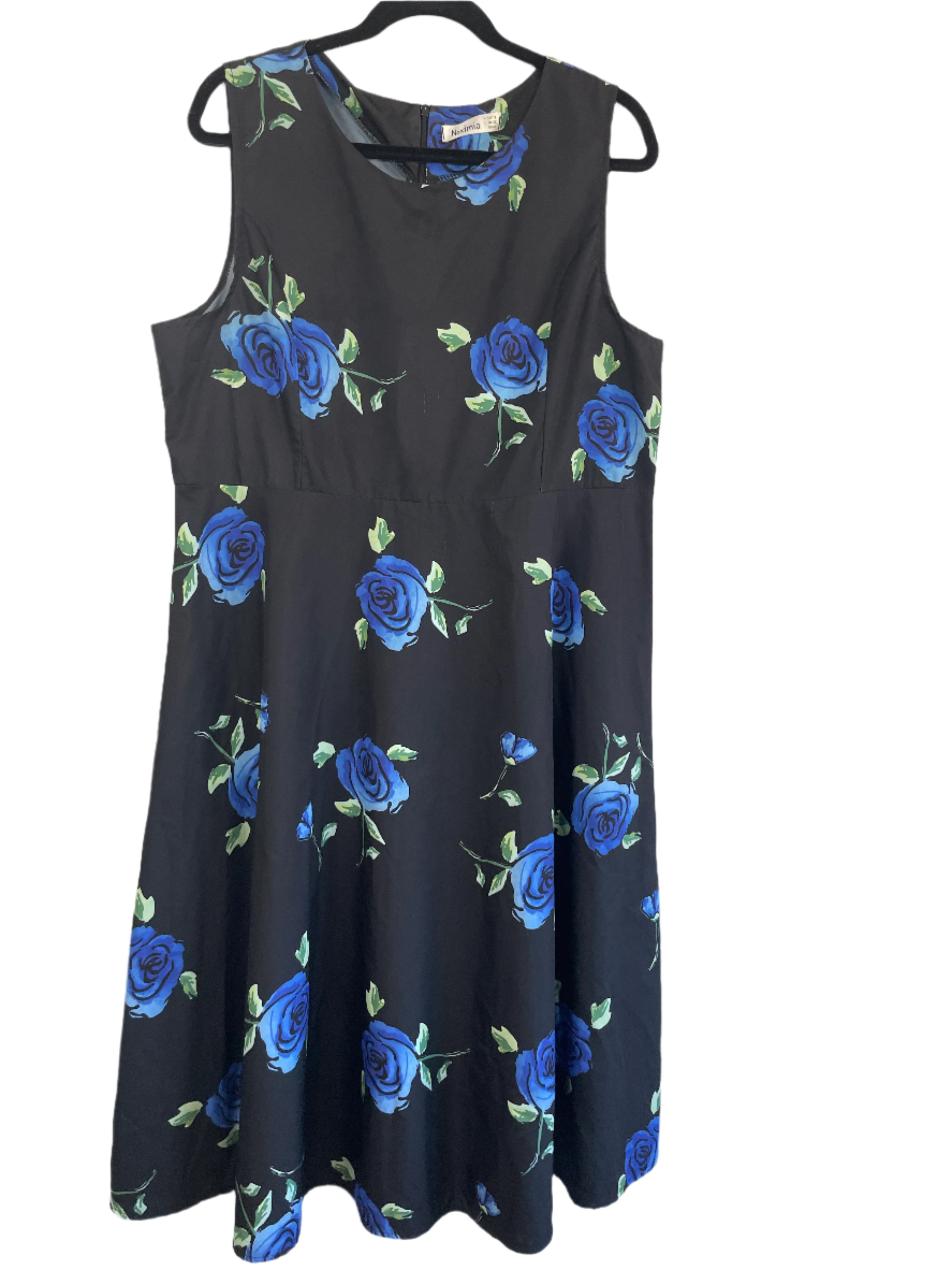 Black dress with blue floral pattern on a white background