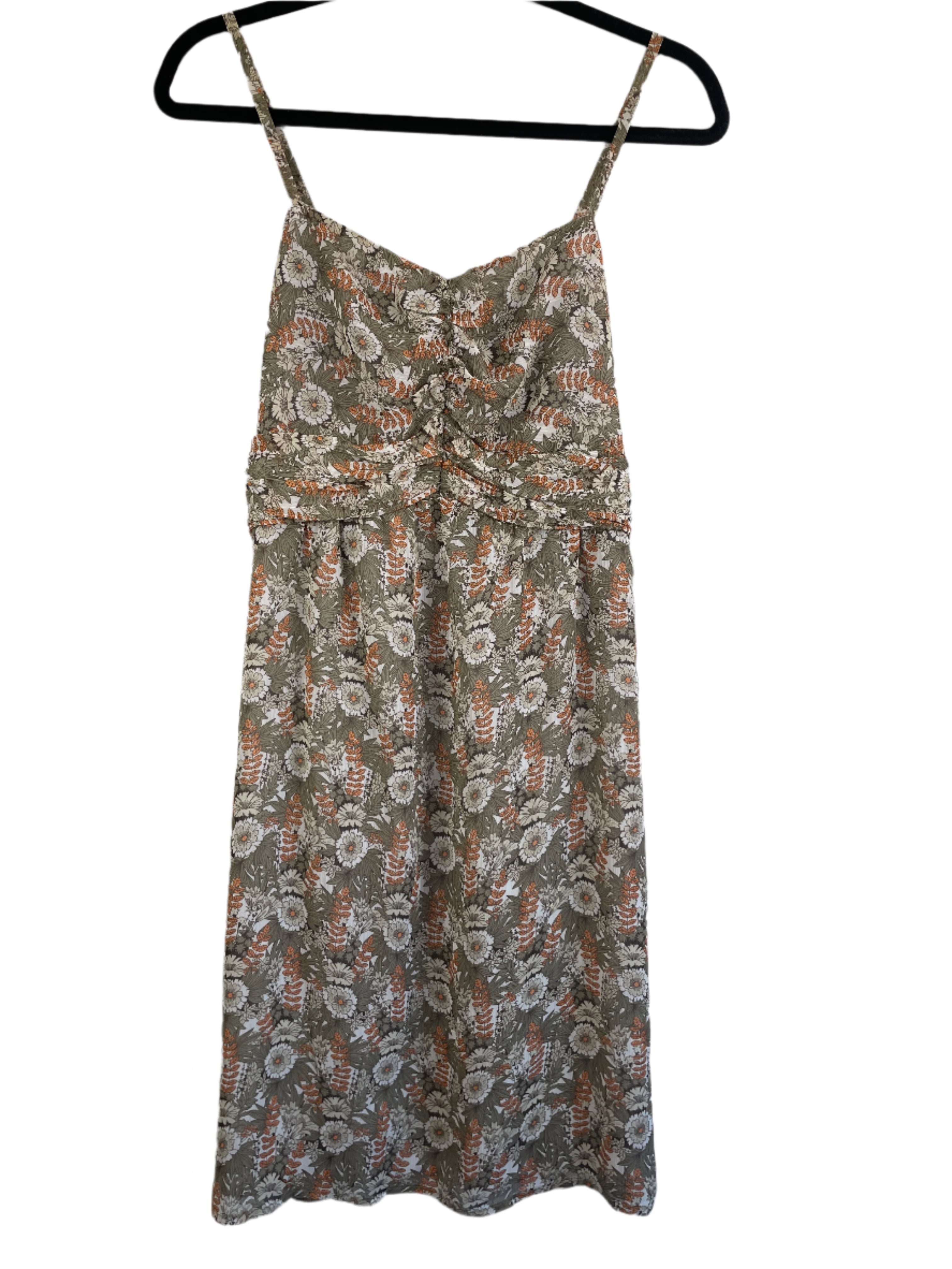 Romy brown and orange floral dress with ruched bodice and adjustable straps, size medium