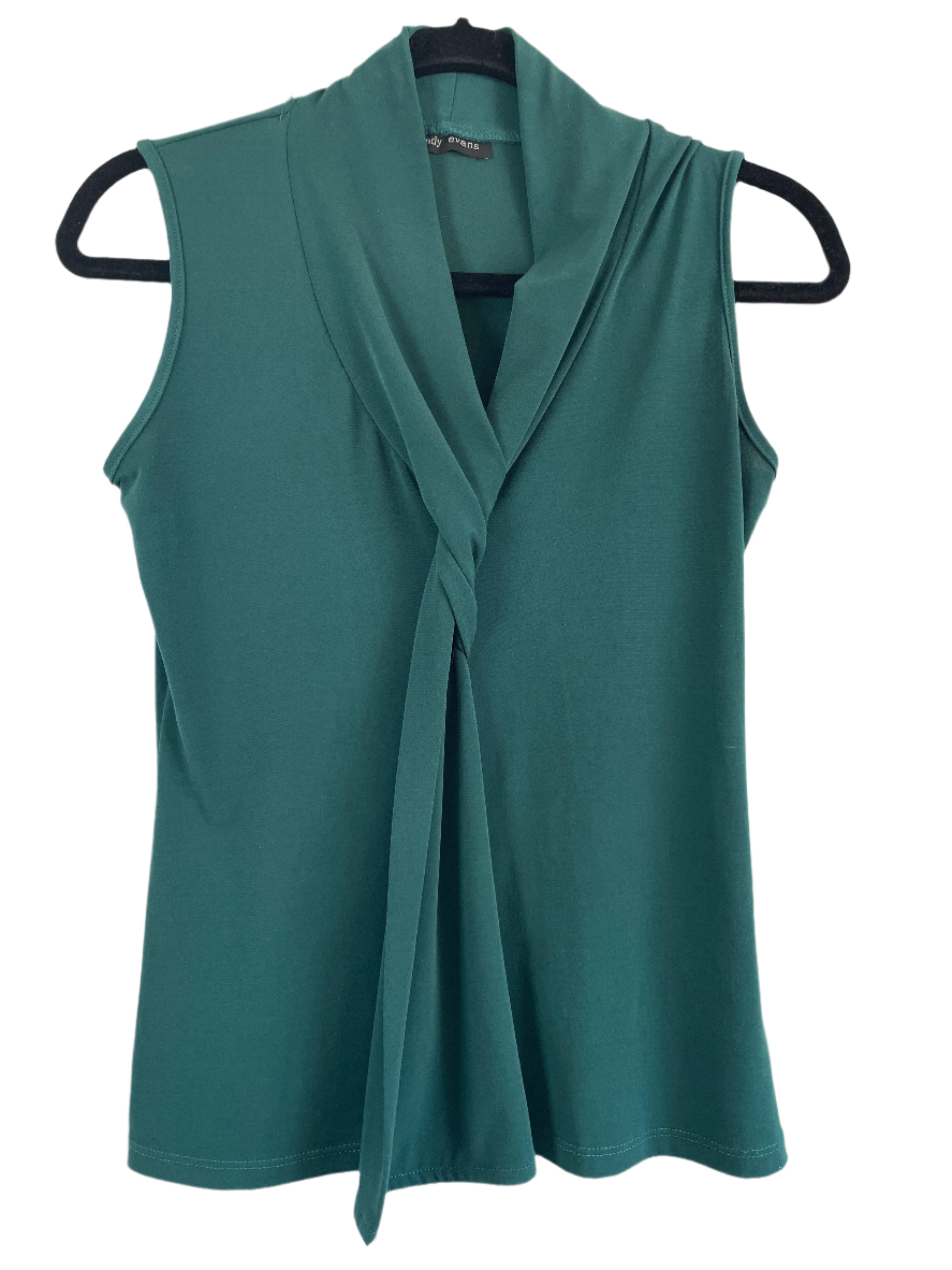 Mandy Evans green sleeveless blouse with scarf-style neckline, front and back views on hanger