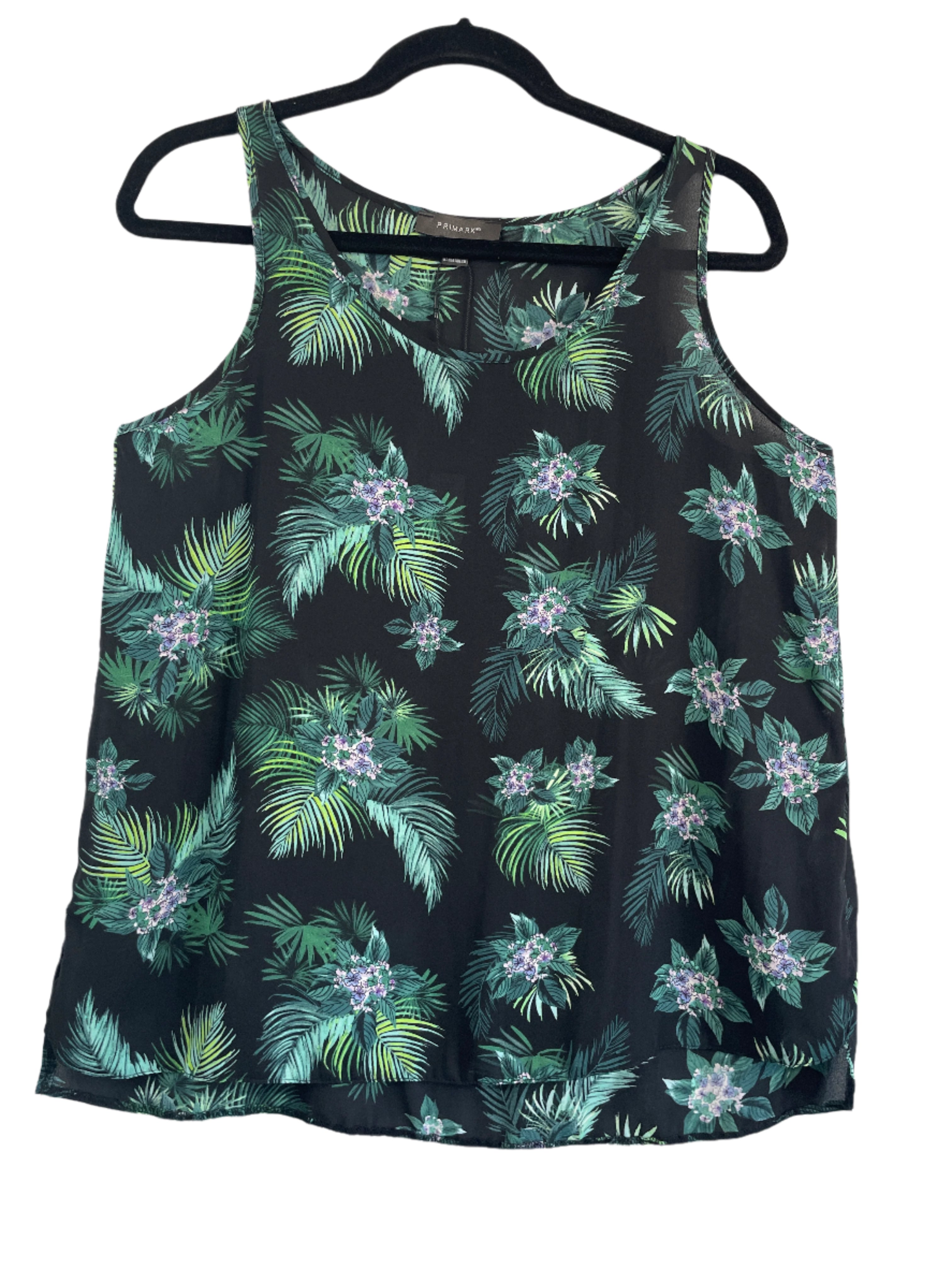 Black tank top with green floral pattern on a white background