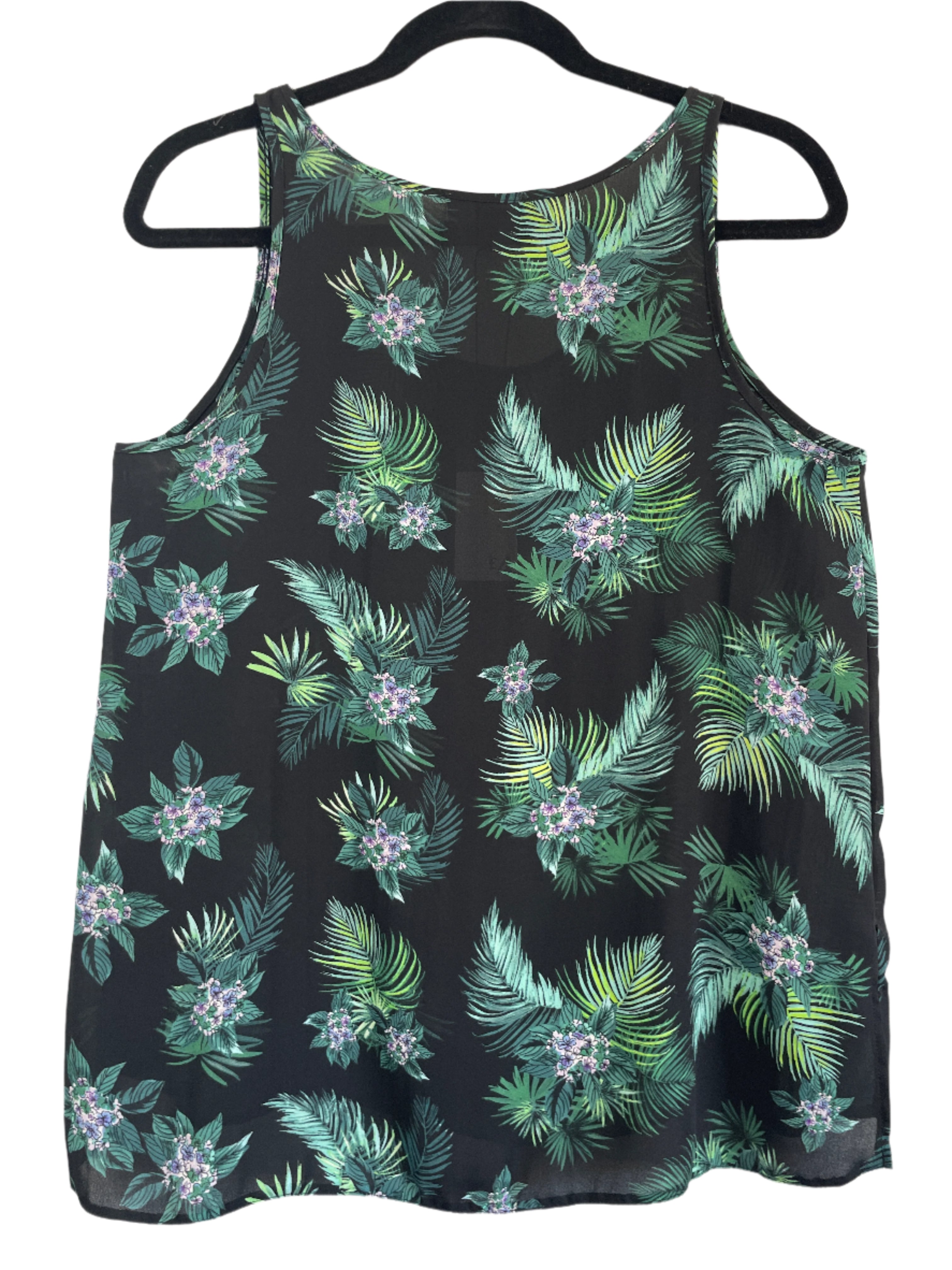 Black tank top with green leaf pattern on a white background