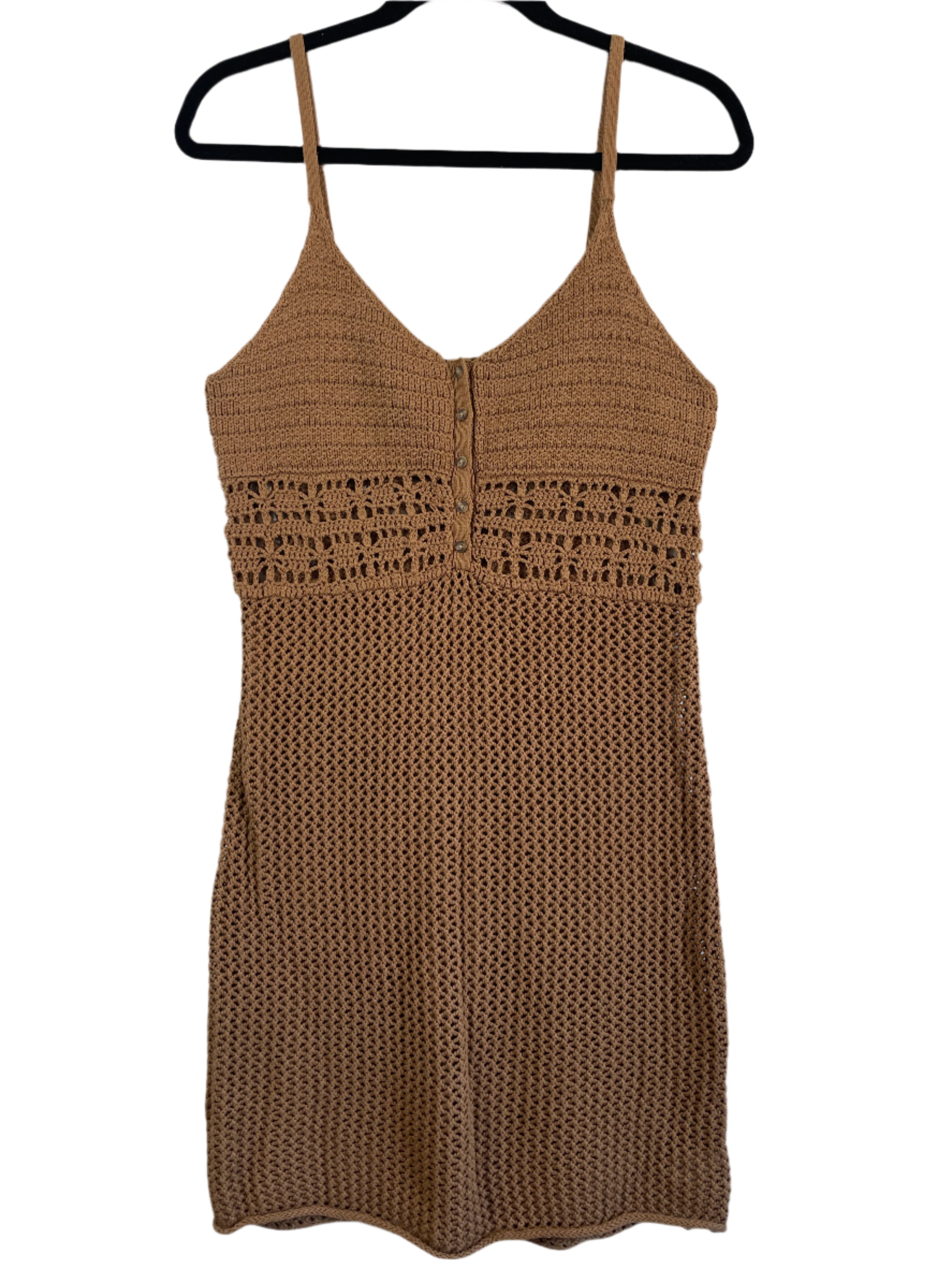 Front view of brown Aerie crochet cotton dress with spaghetti straps and decorative buttons.