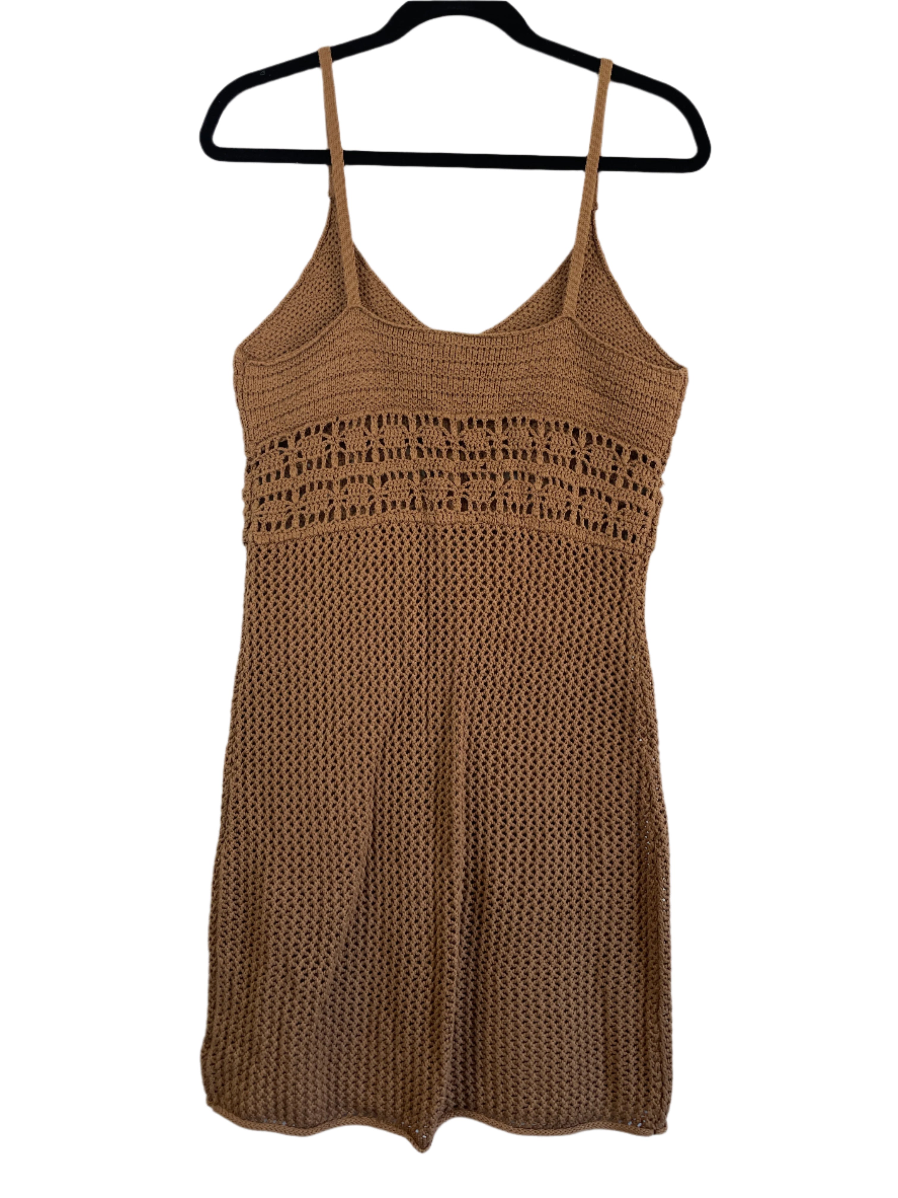 Back view of brown Aerie crochet summer dress with fitted top and open knit detailing.