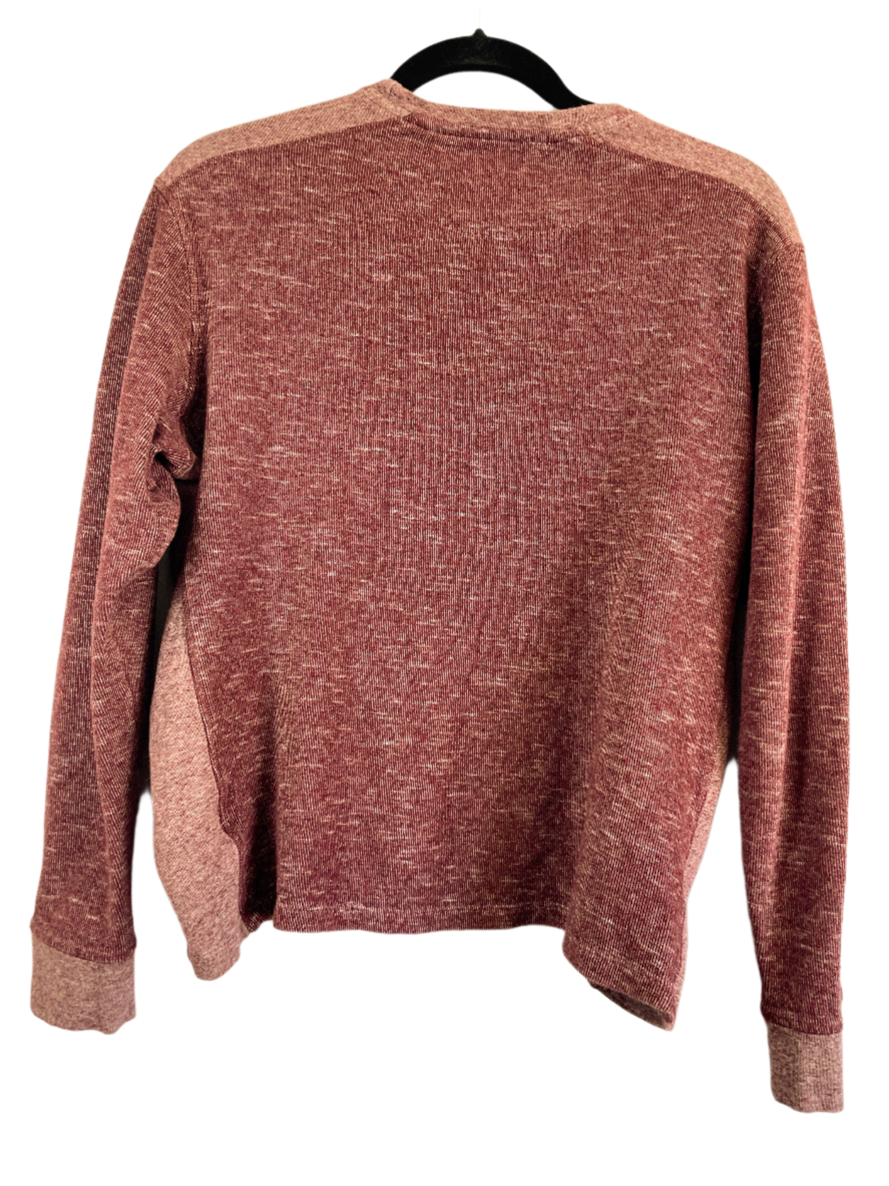 back view of a red heathered Buffalo long sleeve sweatshirt in size medium, made of 100% cotton, displayed on a hanger.