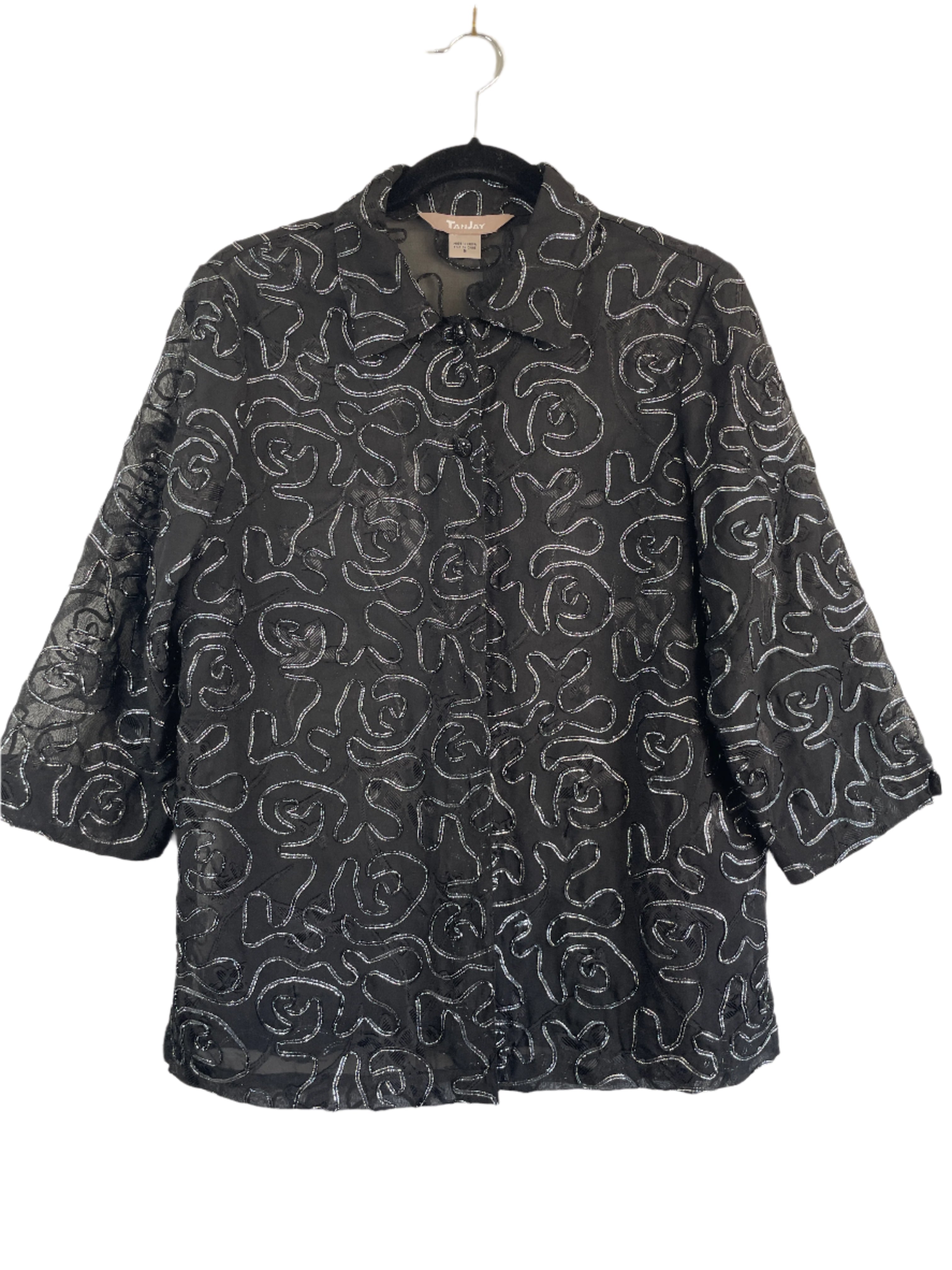 Tanjay black sheer blouse with silver swirl stitching and 3/4 sleeves, size large