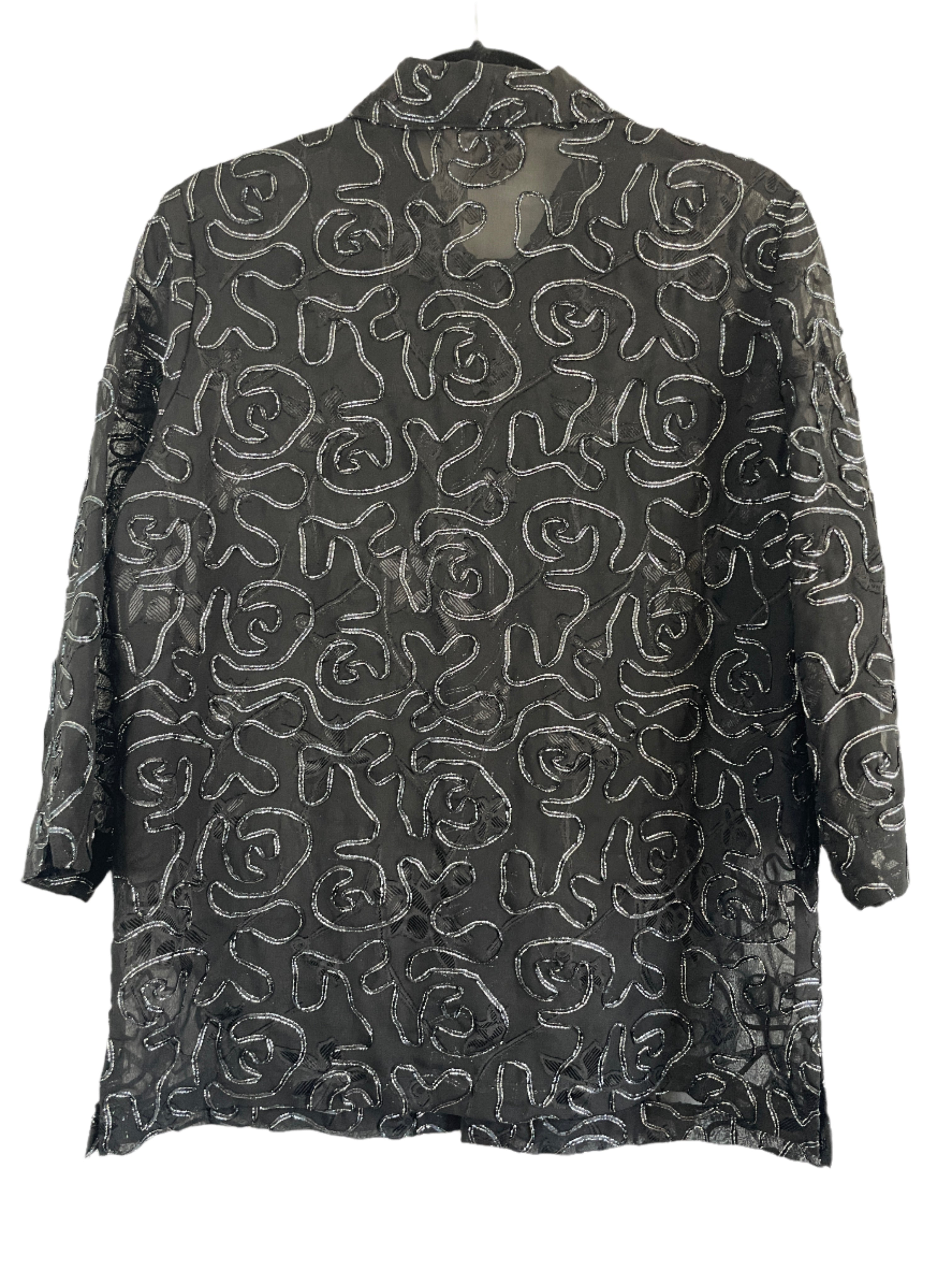 Tanjay black sheer blouse with silver swirl stitching and 3/4 sleeves, back view
