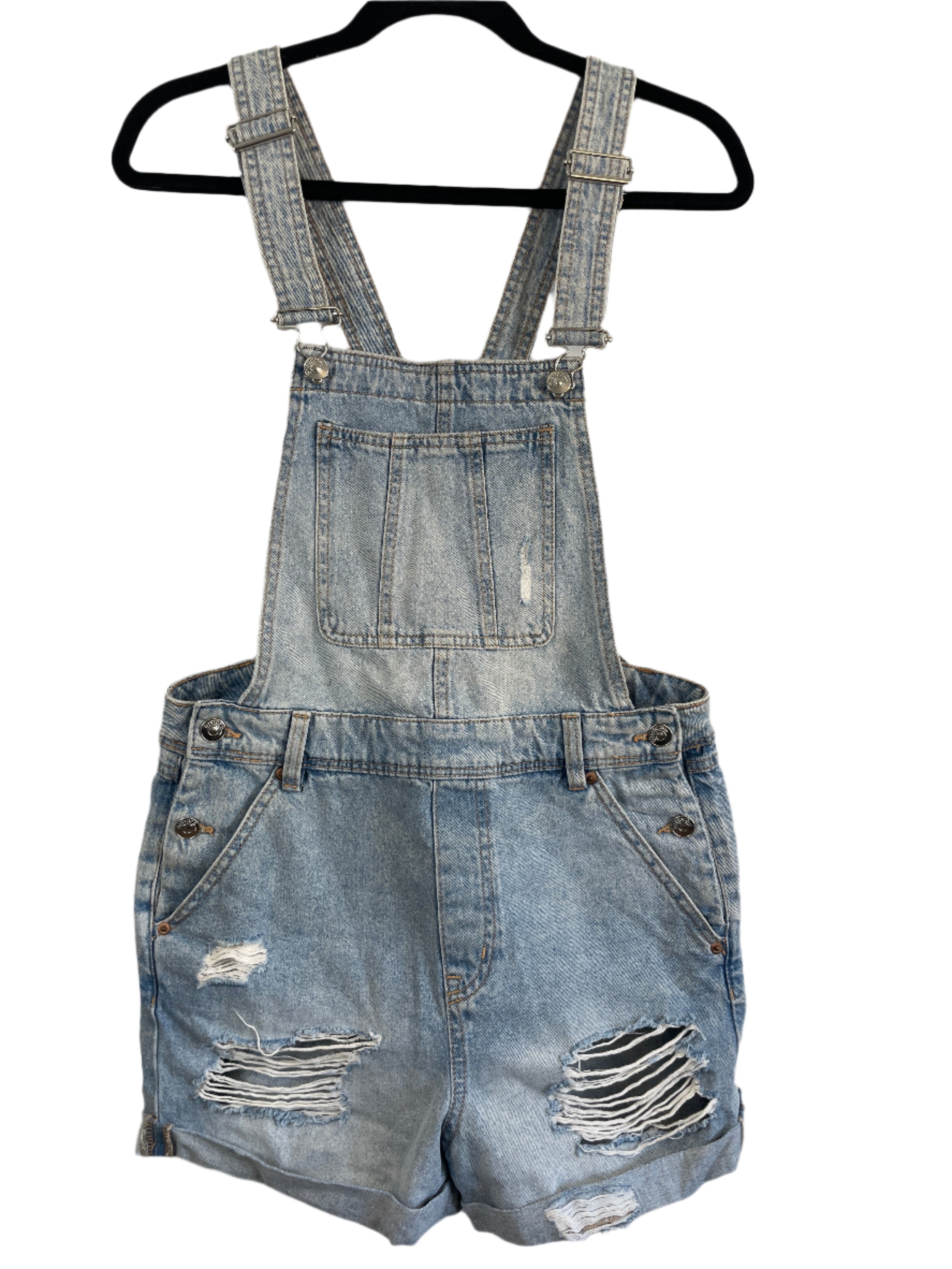 Divided brand distressed denim overall shorts in light blue wash with adjustable straps, rolled hems, and front and back pockets. Size 4.
