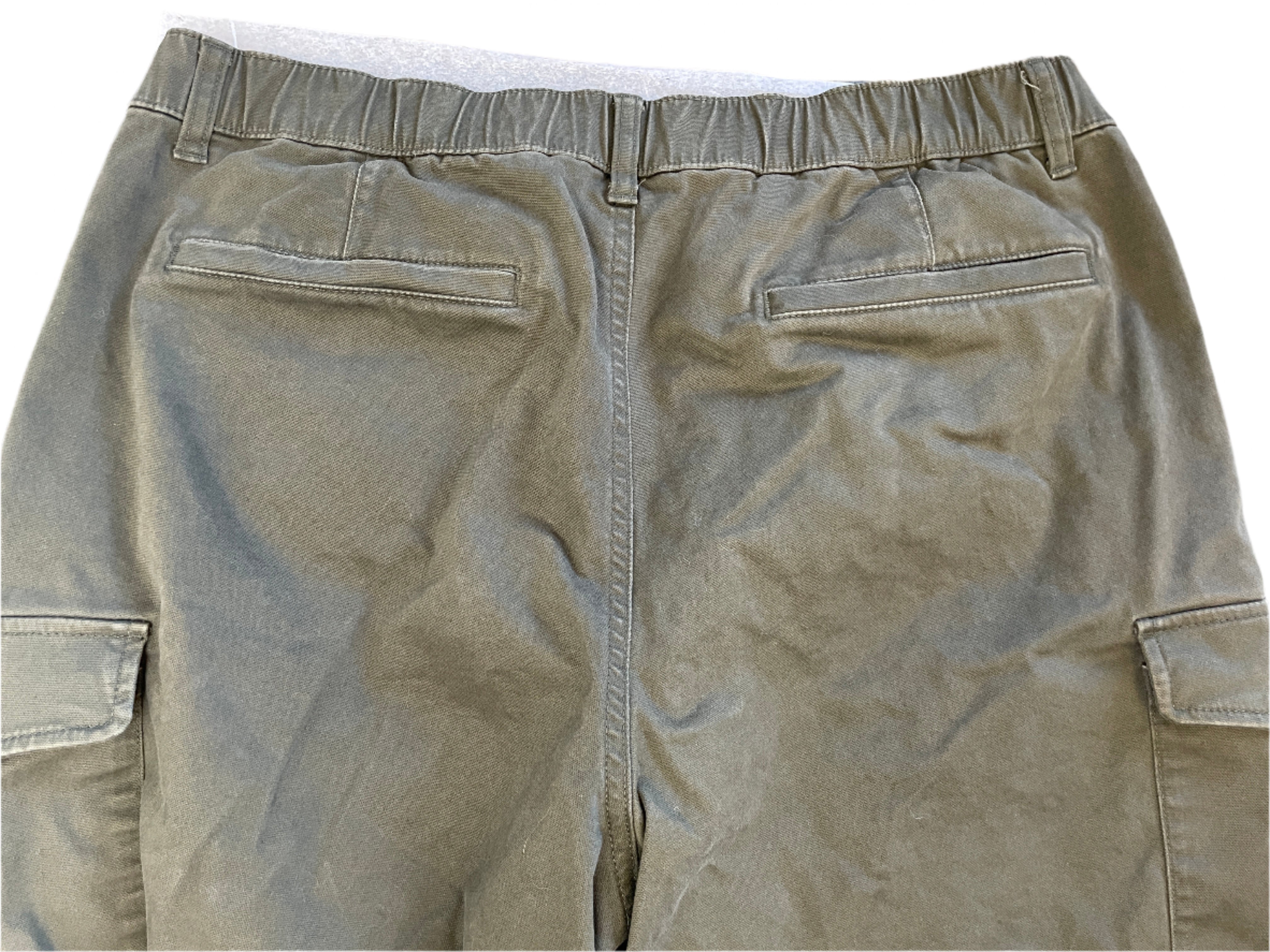 Close-up of olive green pants on a plain background