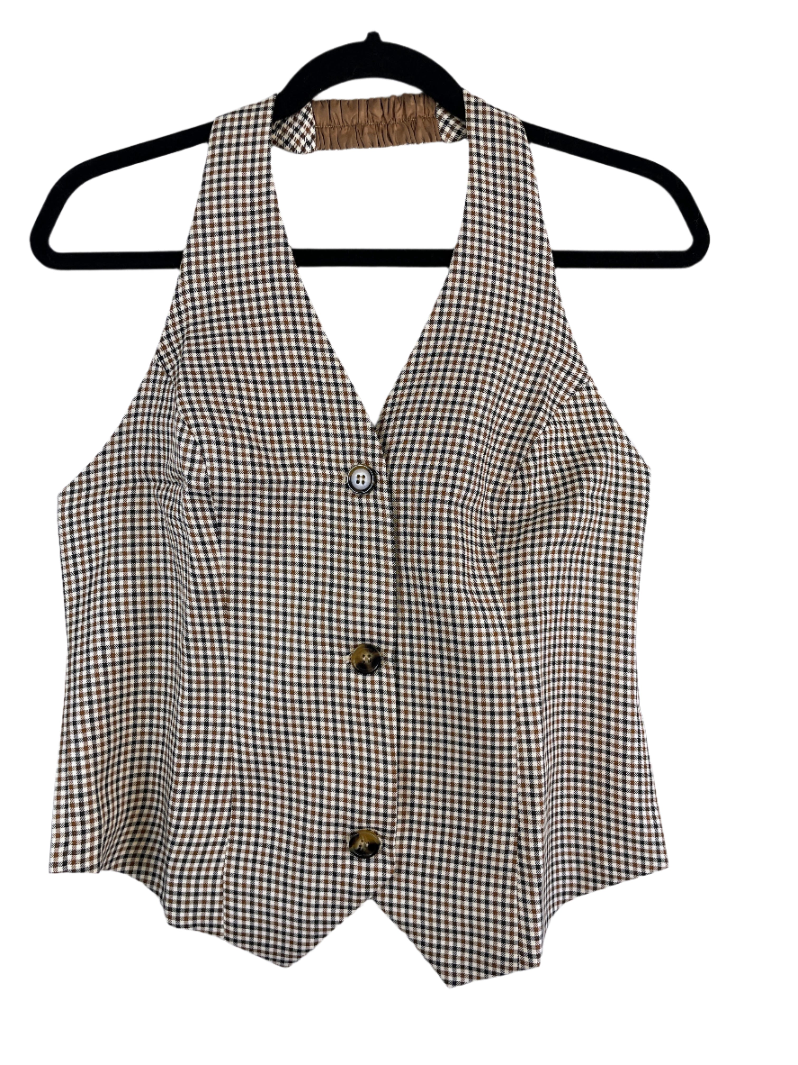Front view of a Belle Pogue women’s brown plaid halter vest with button front, elastic neck, and back waist tie, size medium.