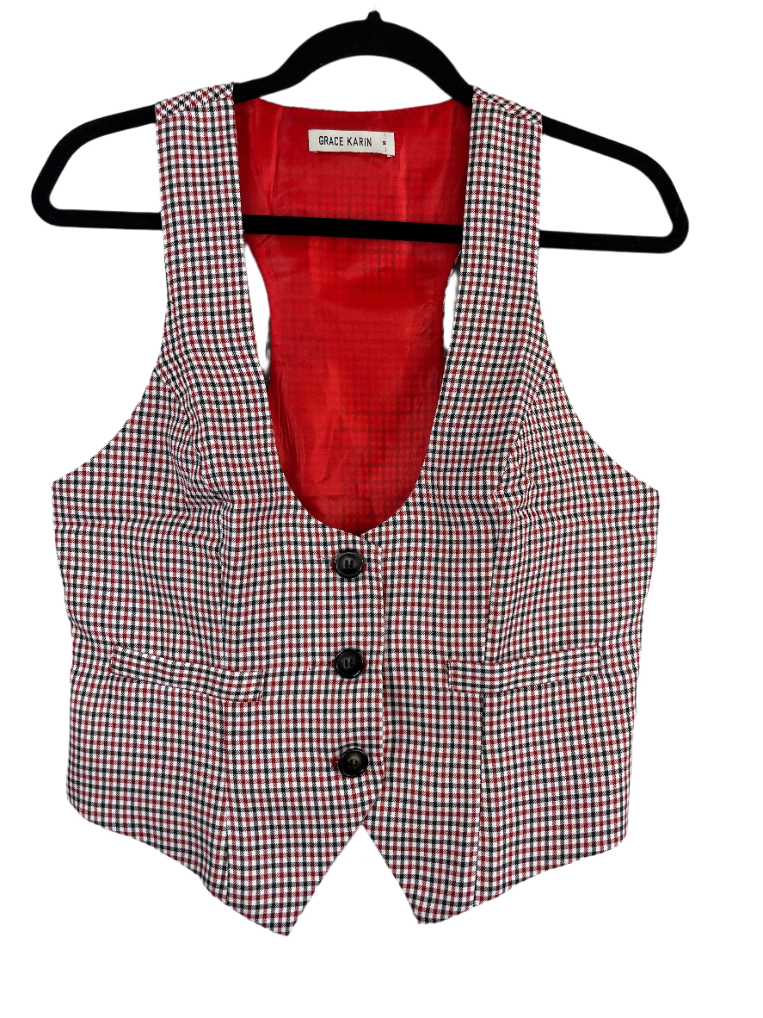 Front of Grace Karin red and black houndstooth vest with adjustable back tie, size Medium