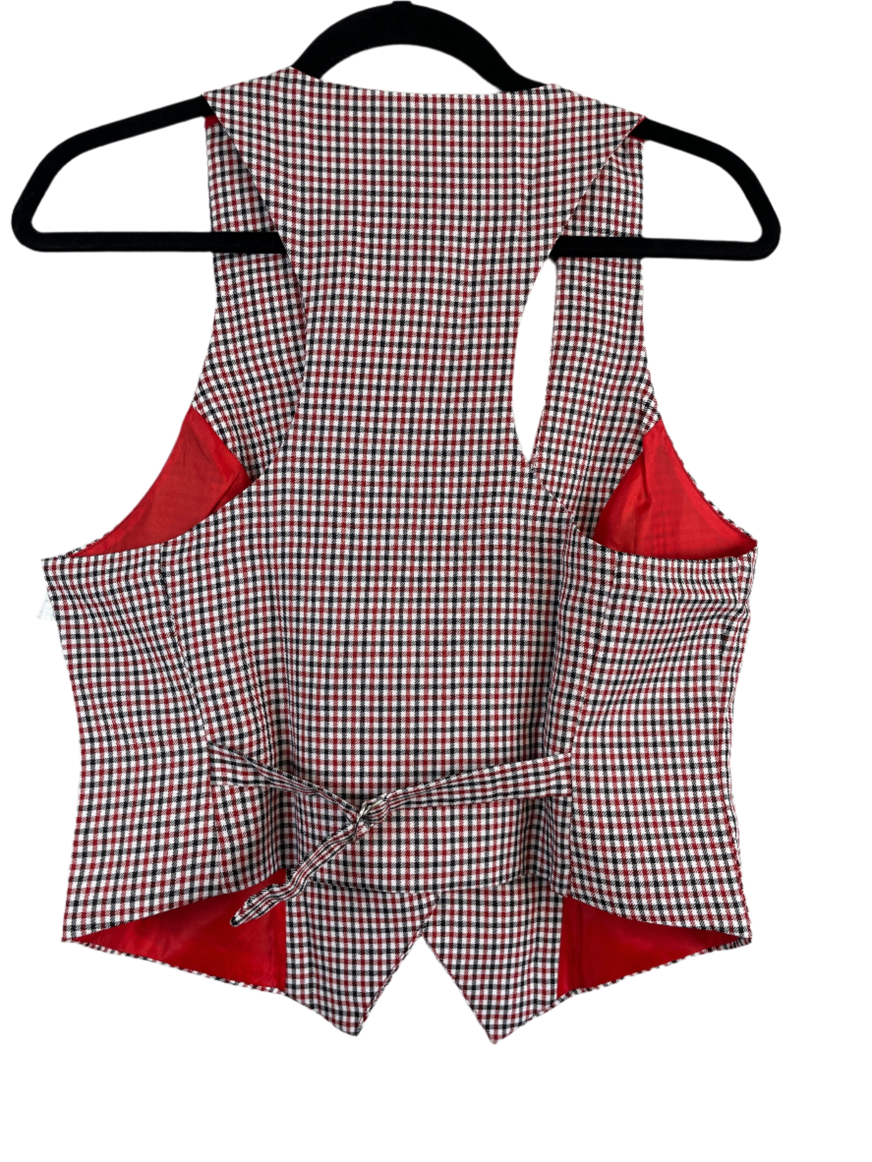 back of Grace Karin red and black houndstooth vest with adjustable back tie, size Medium