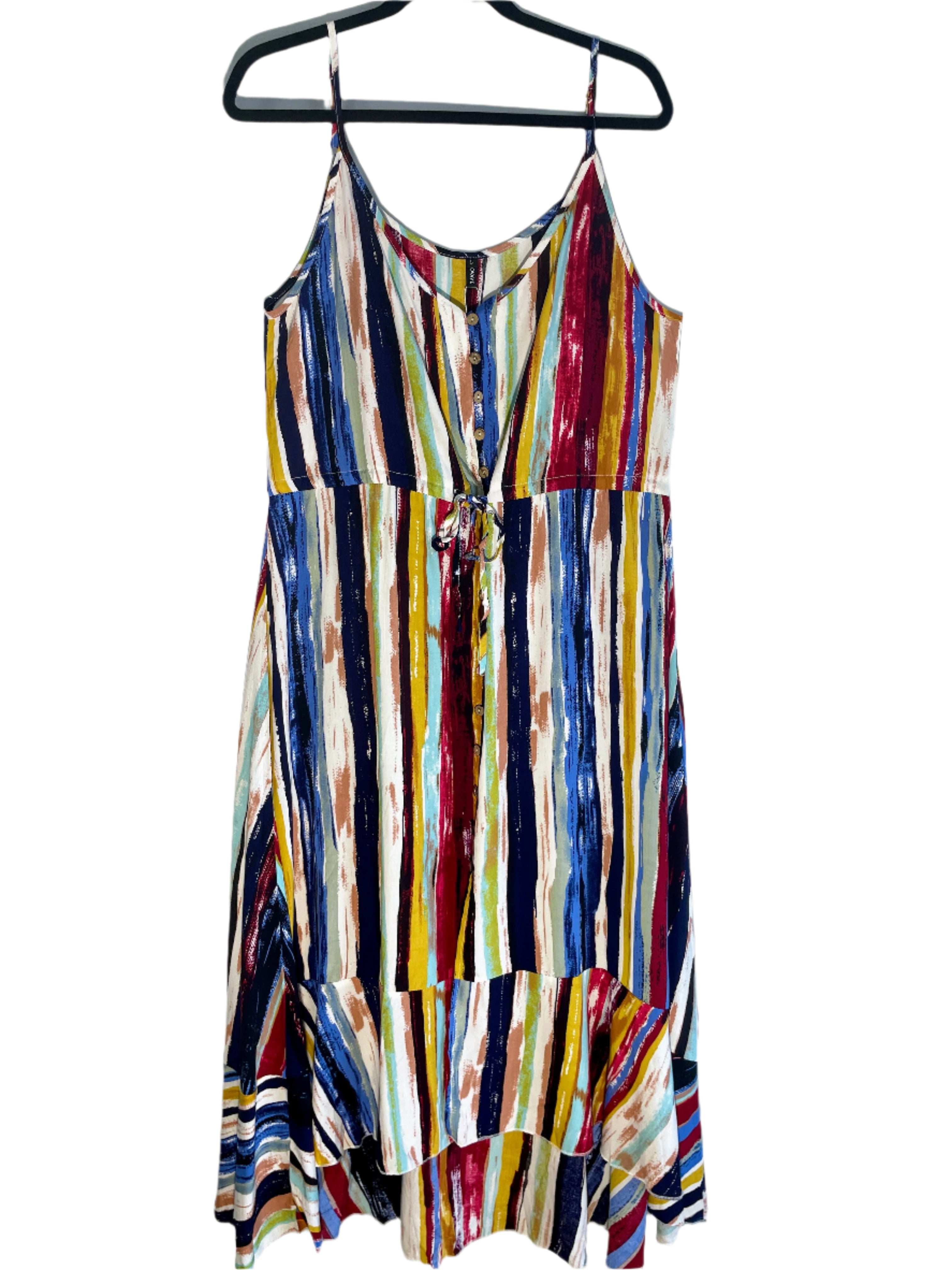 Front view of a Brovabe sleeveless dress with colourful vertical stripes and a drawstring waist, size Large.