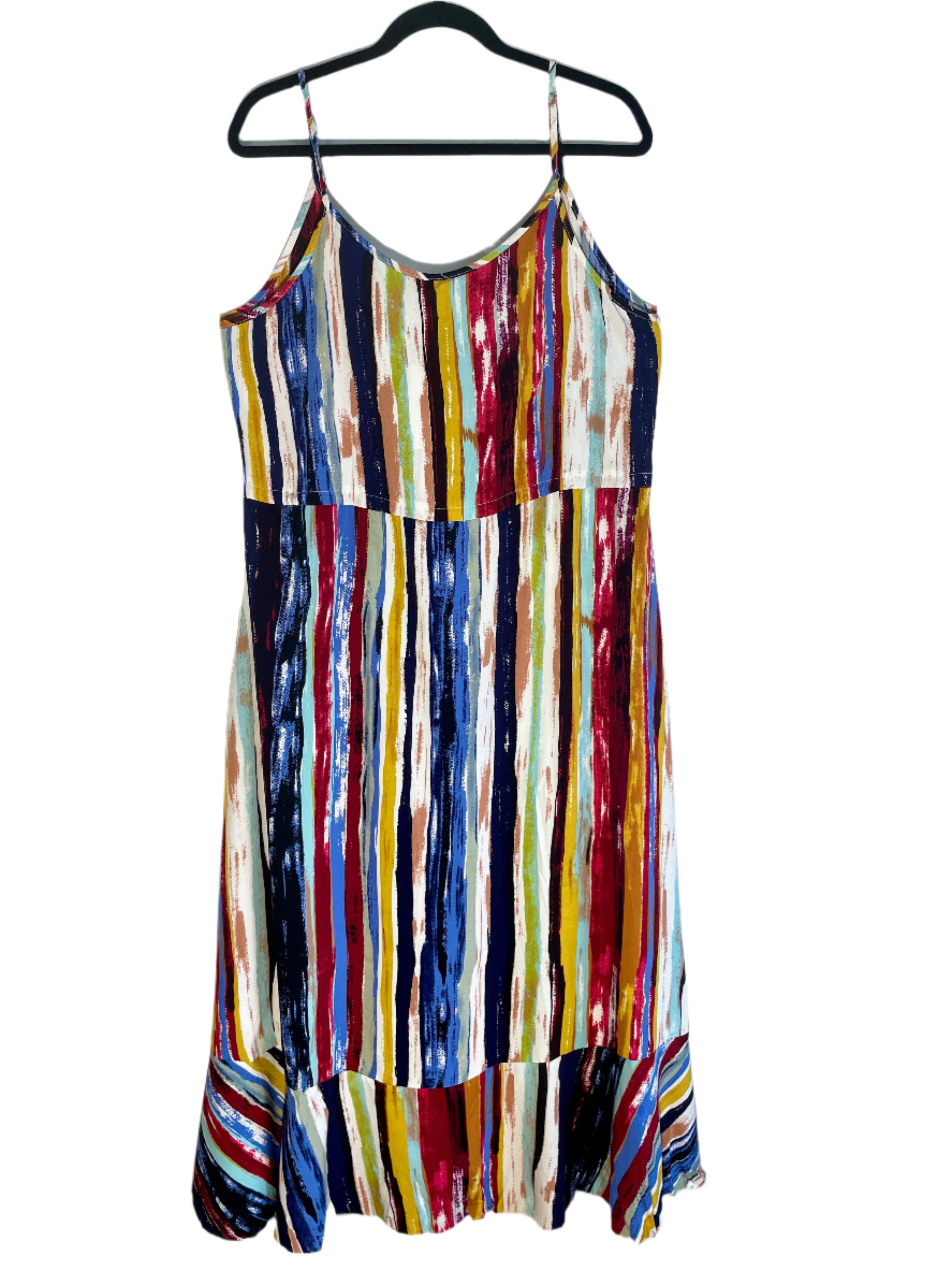 back view of a Brovabe sleeveless dress with colourful vertical stripes and a drawstring waist, size Large.