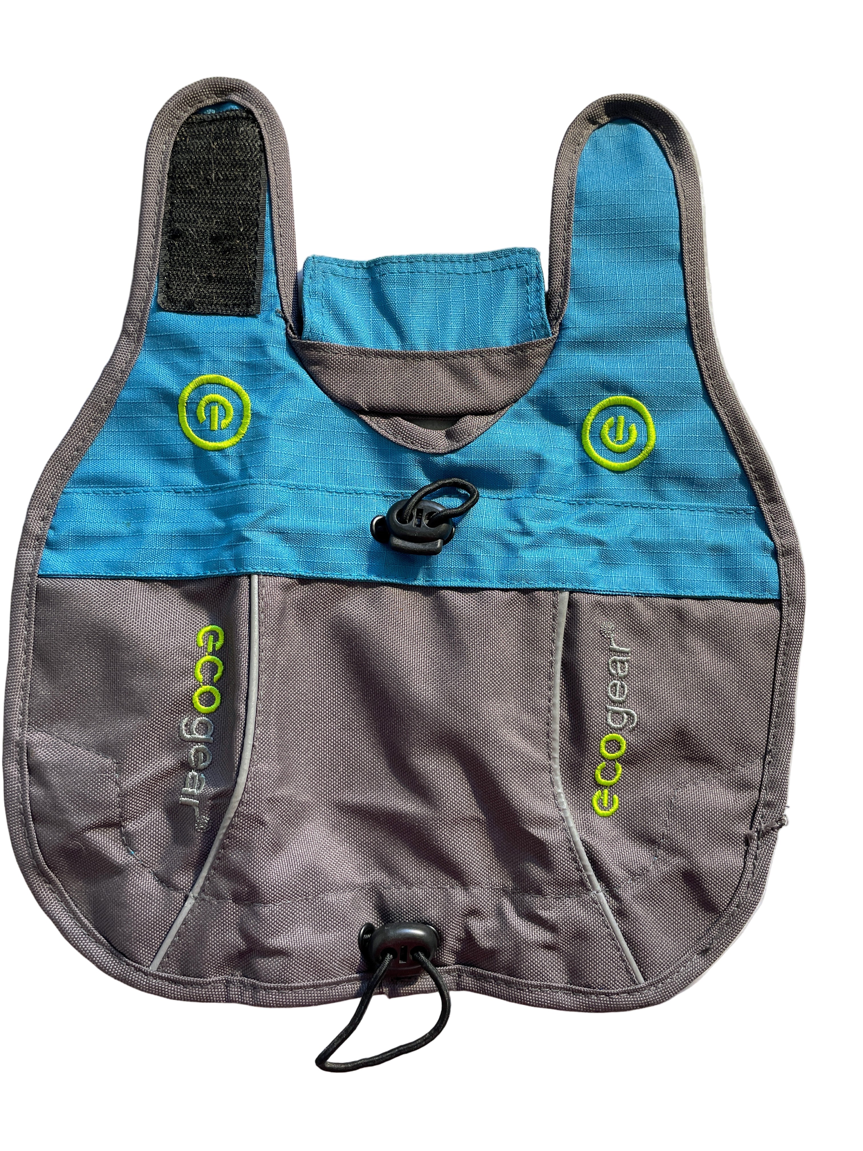 EcoGear small blue and grey dog raincoat with front Velcro closure, front view
