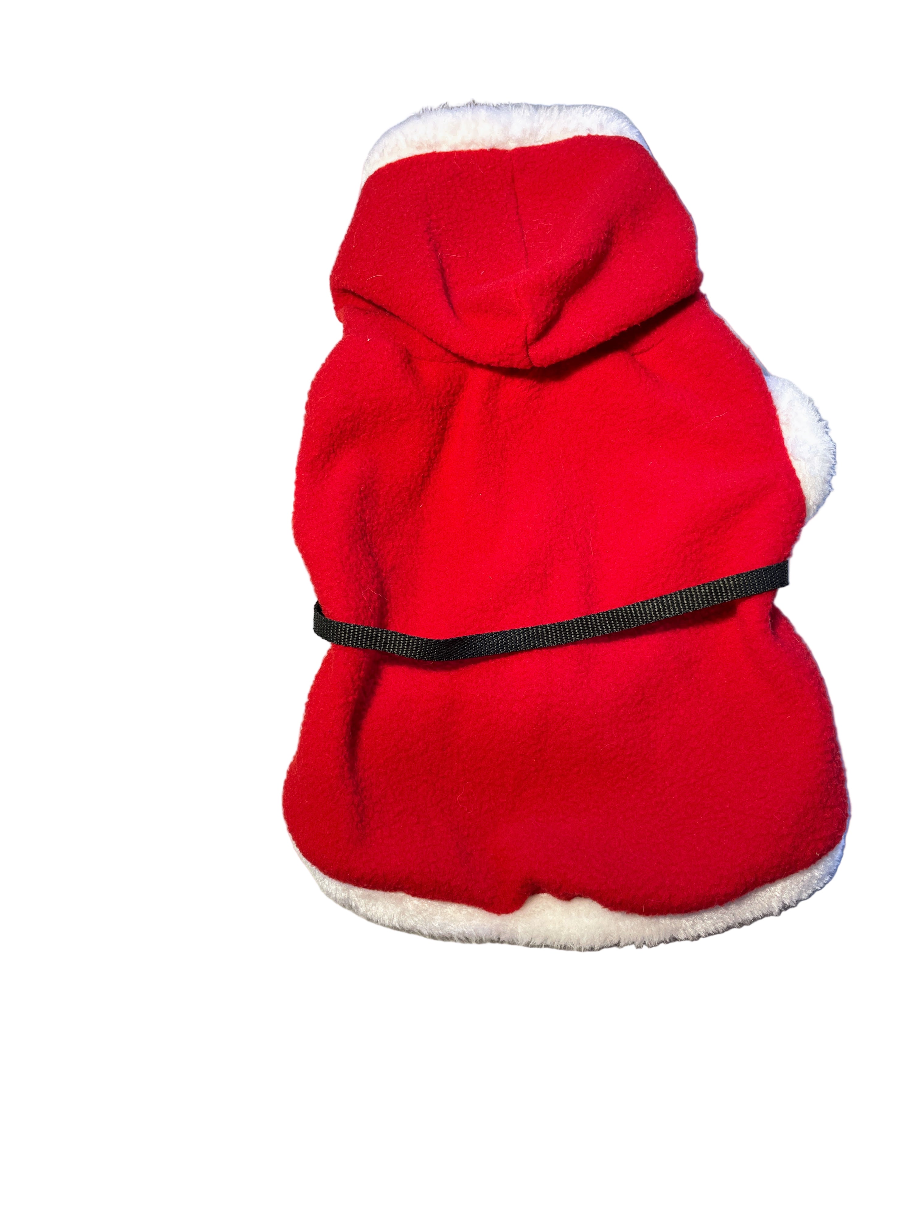 Red Santa dog coat with hood and white trim, back view with black strap