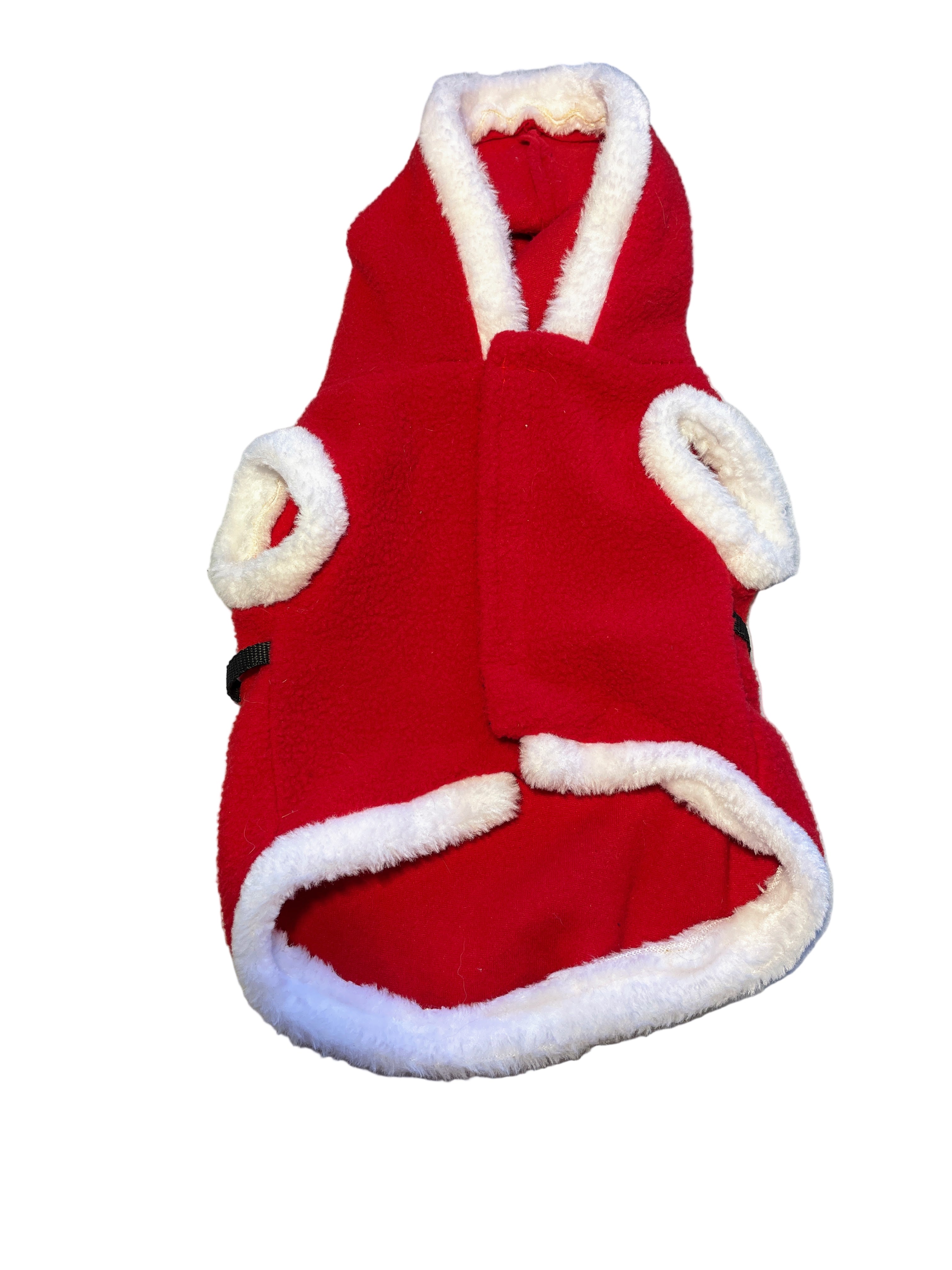 Red Santa dog coat with hood and white trim, front view showing Velcro closure