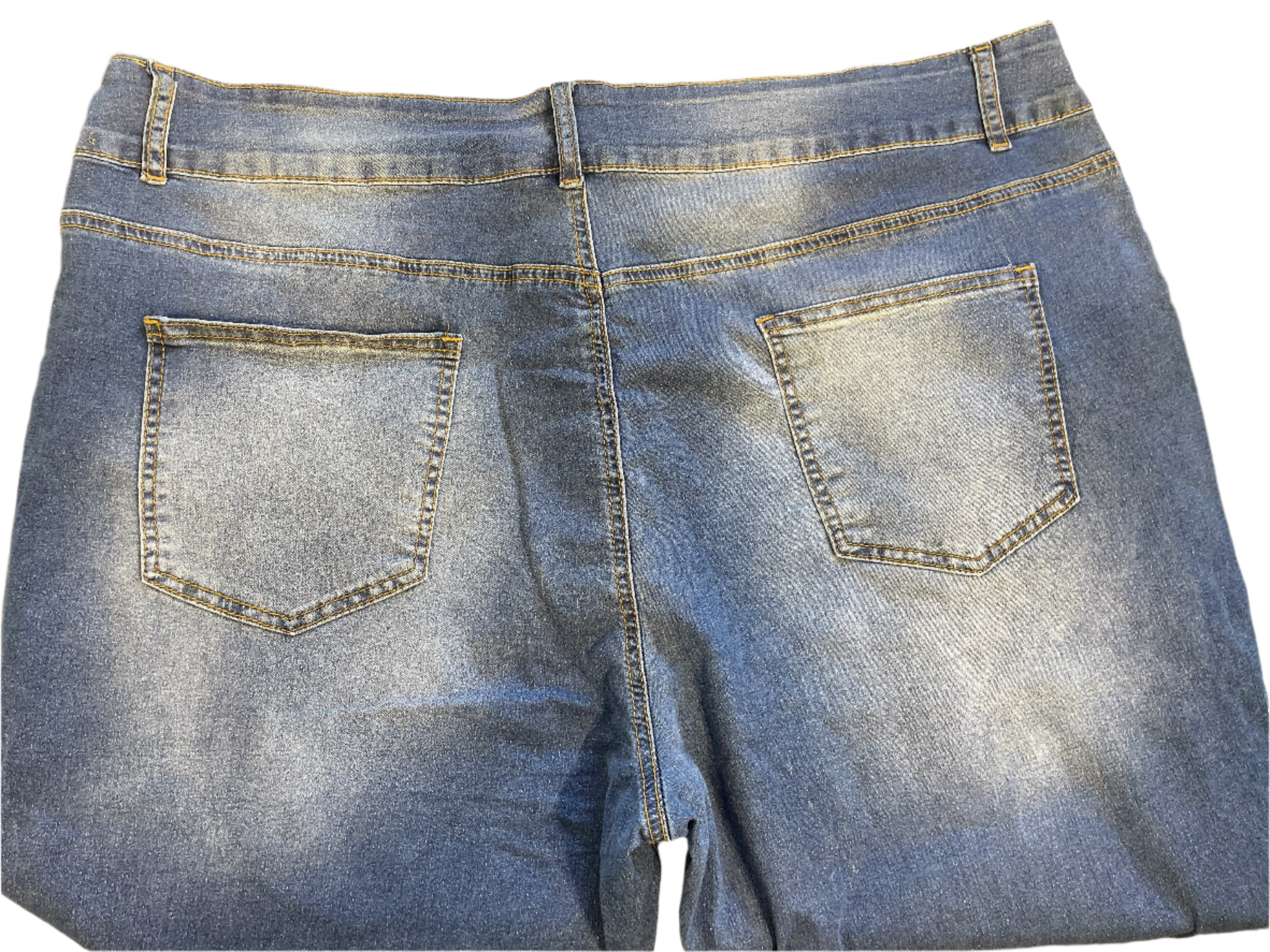 Rear view of full-length Gboomo plus size jeans with two back pockets and light fade detail.