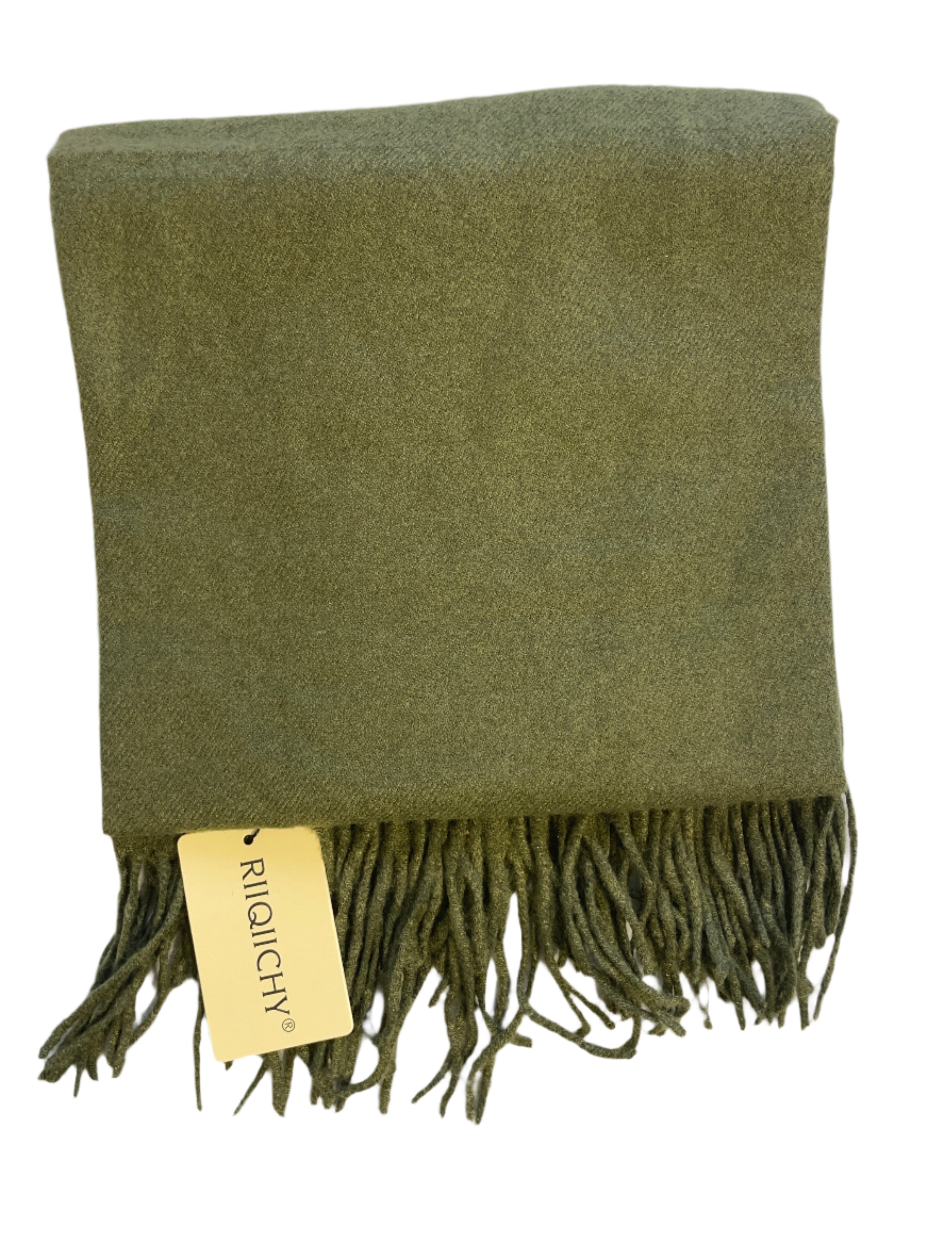 Image shows folded RIIQIICHY green scarf with fringe detailing and original tag attached, displayed on a white background.