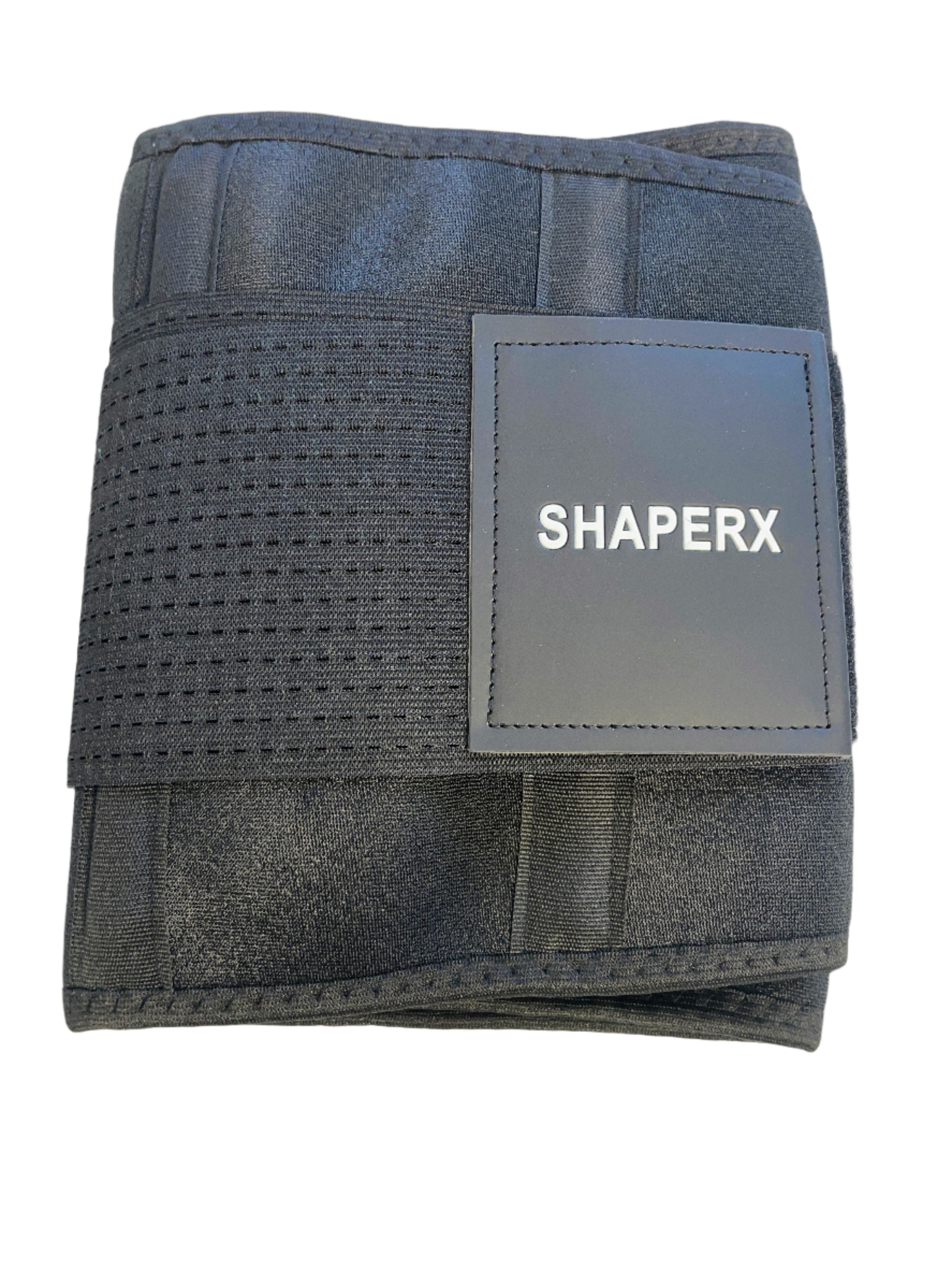 Folded black SHAPERX waist trainer showing logo patch on top.