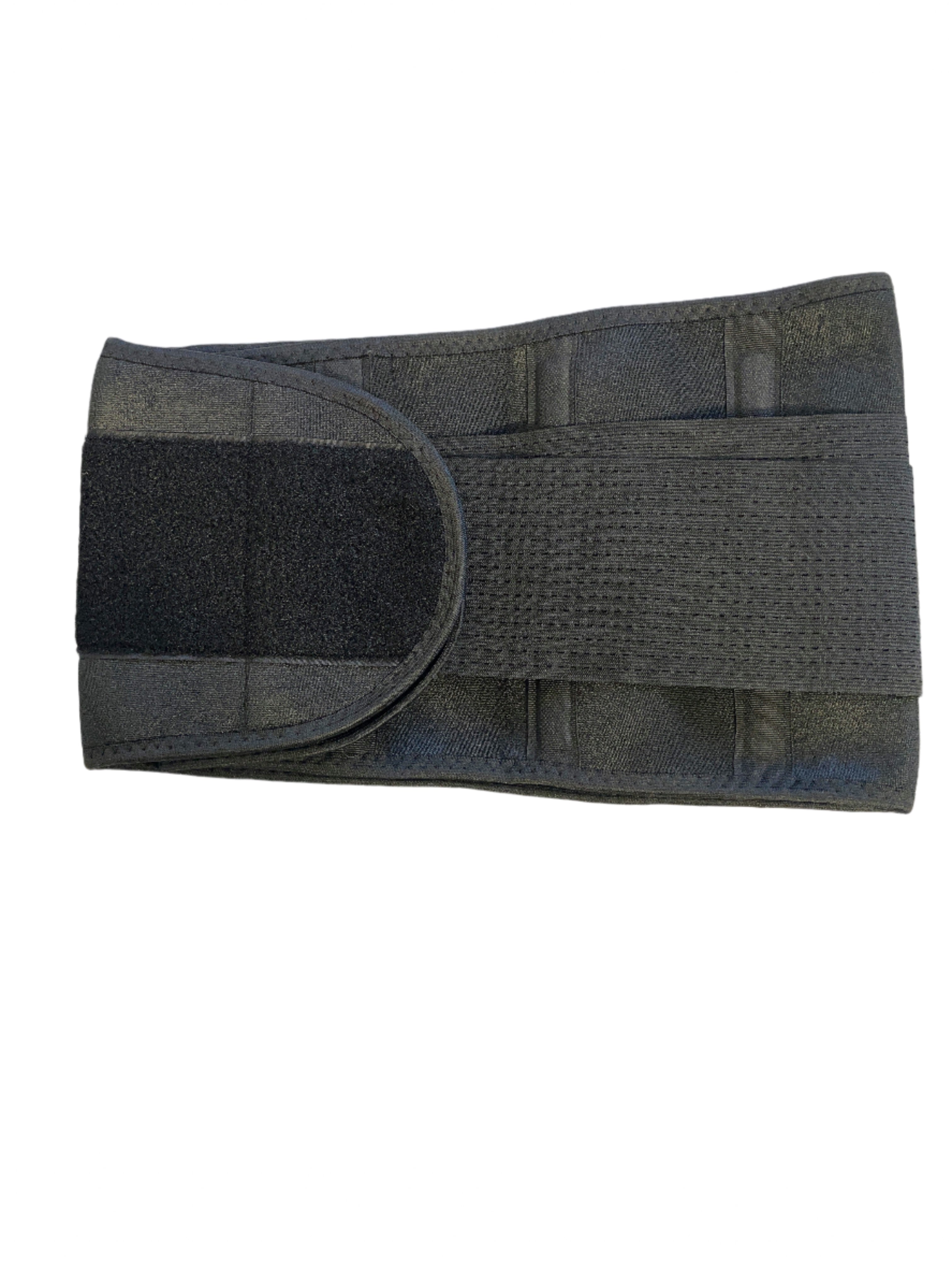 Unfolded SHAPERX waist trainer laid flat, showing full structure and inner tag
