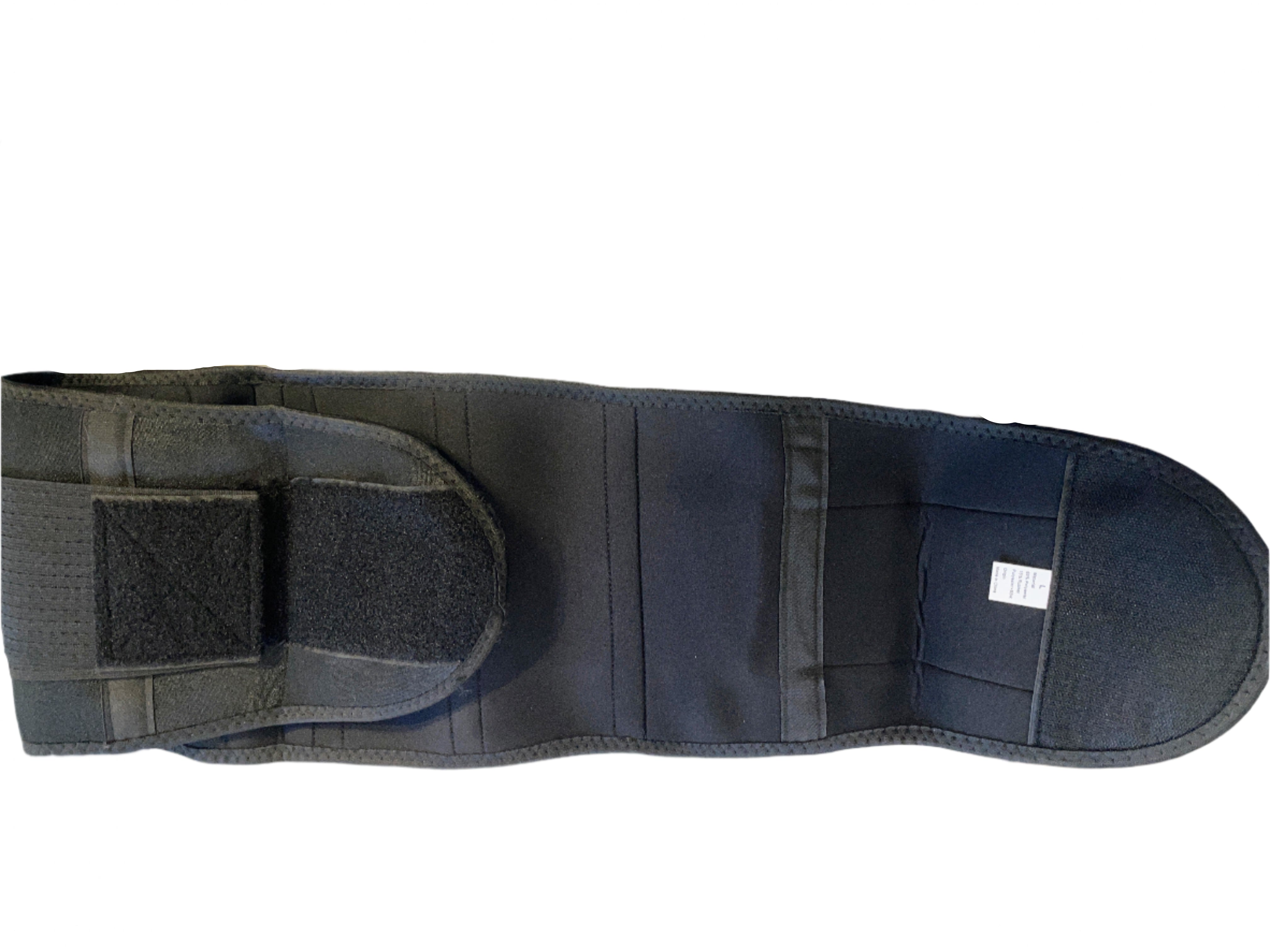 Unfolded SHAPERX waist trainer laid flat, showing full structure and inner tag