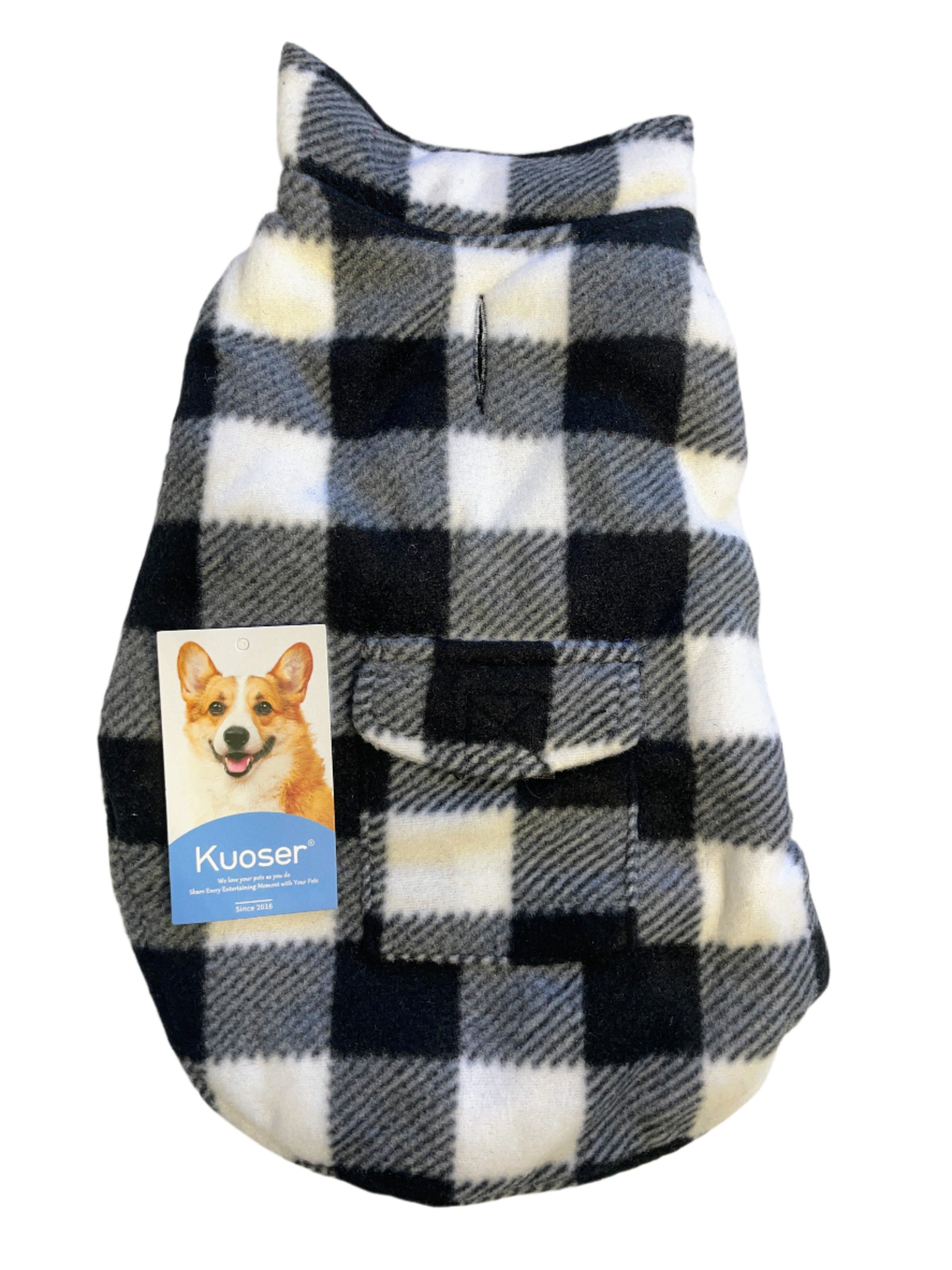 Small black and white plaid Kuoser fleece dog coat with tag, shown front and back with quilted lining and leash hole.