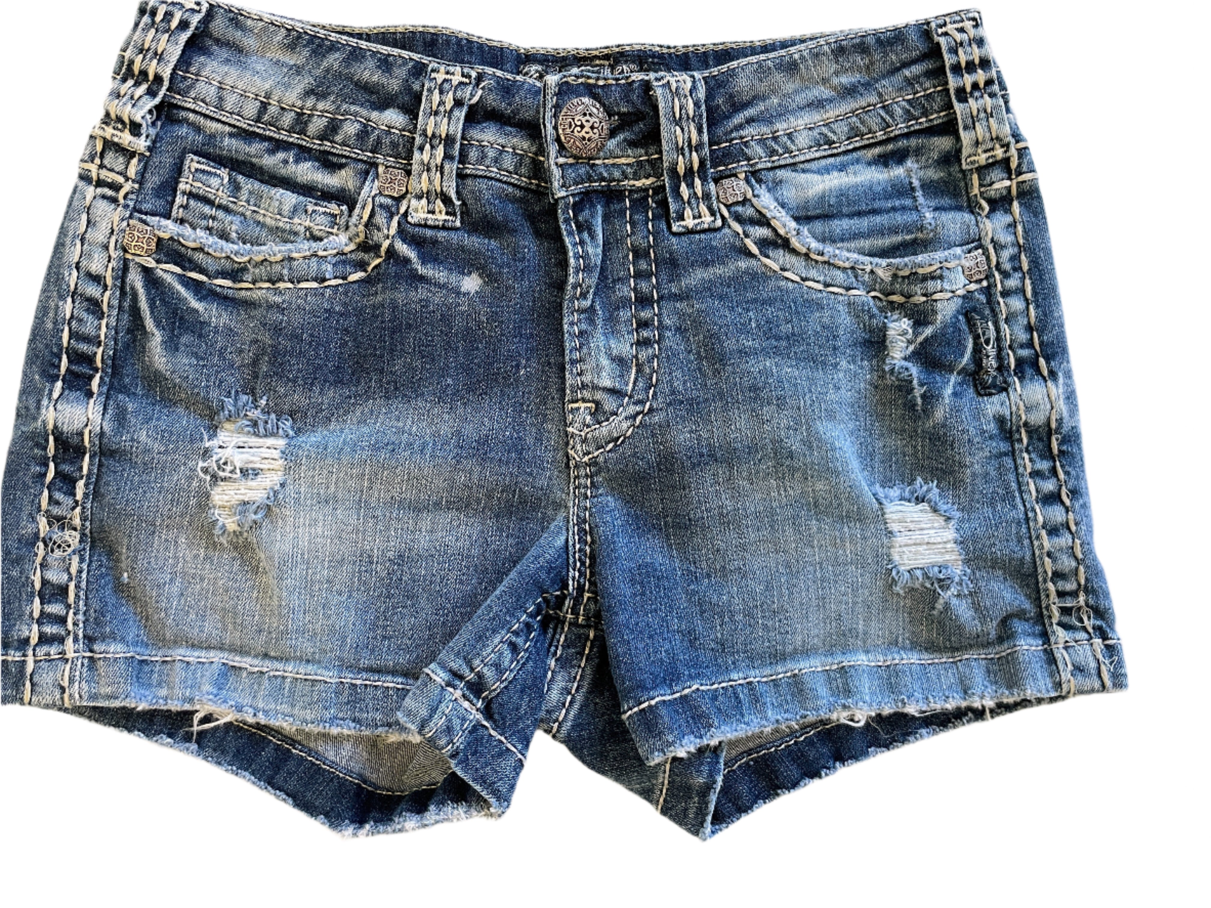 Front view of Silver Aiko Mid Short distressed denim shorts with contrast stitching and embroidered back pockets, size 27