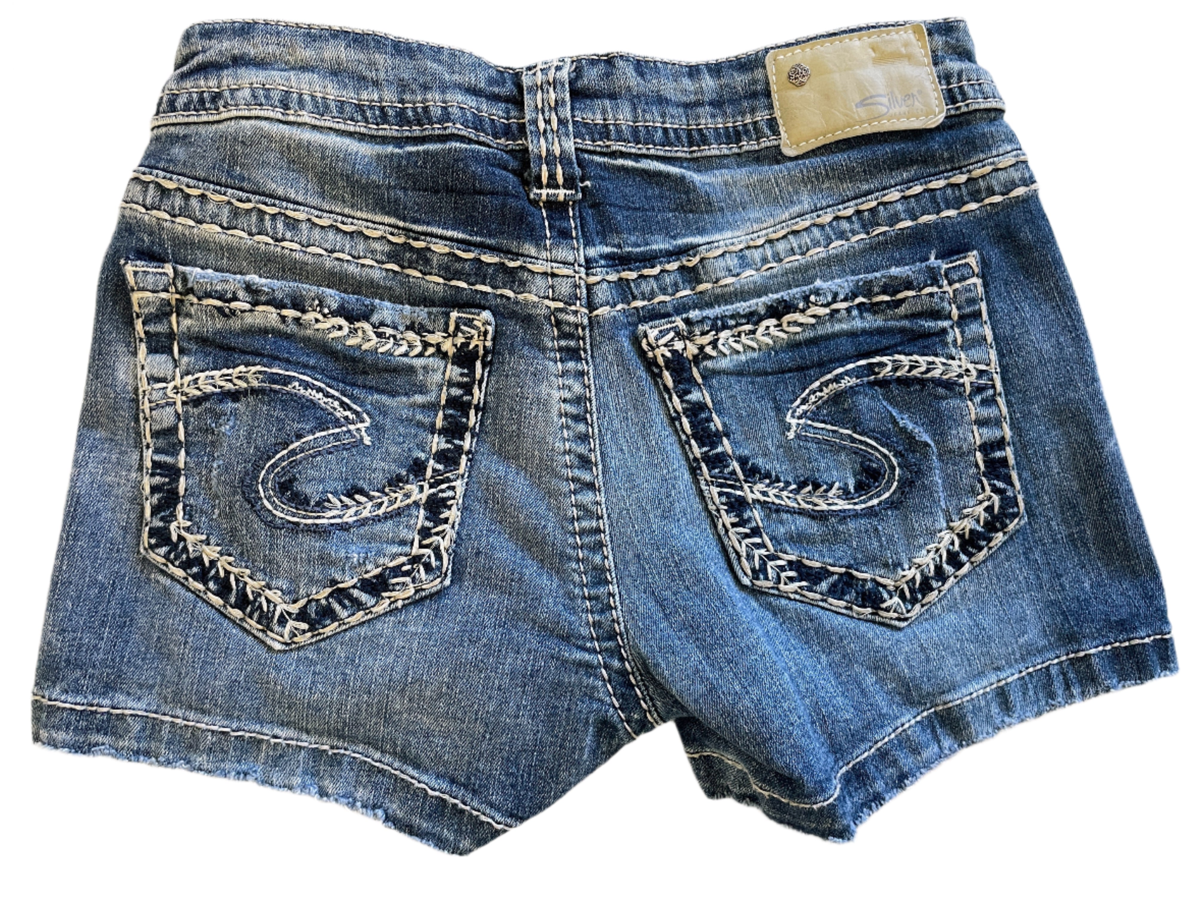 back view of Silver Aiko Mid Short distressed denim shorts with contrast stitching and embroidered back pockets, size 27