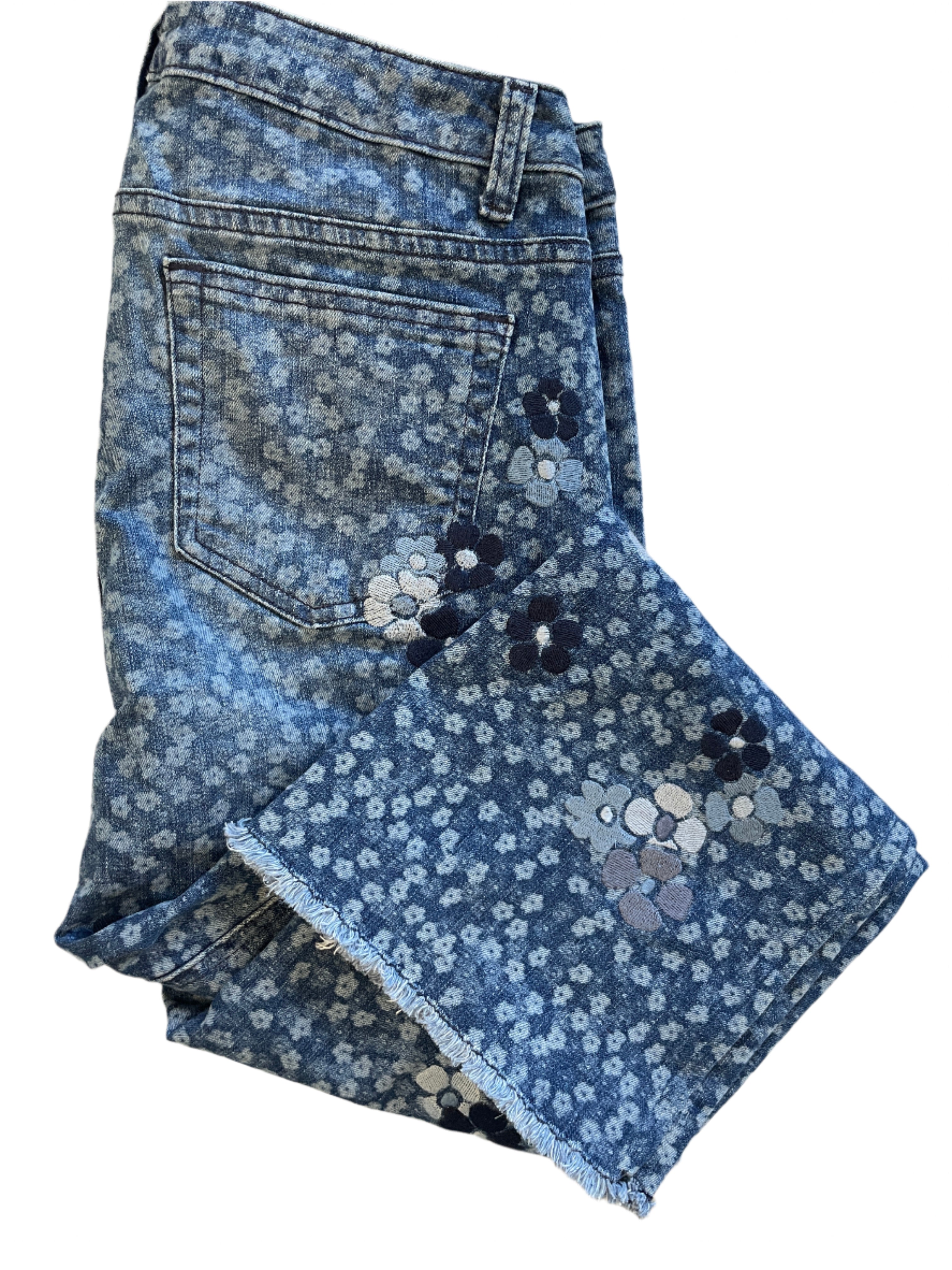 Michael Kors floral embroidered jeans, size 8, with bell bottoms and frayed hem