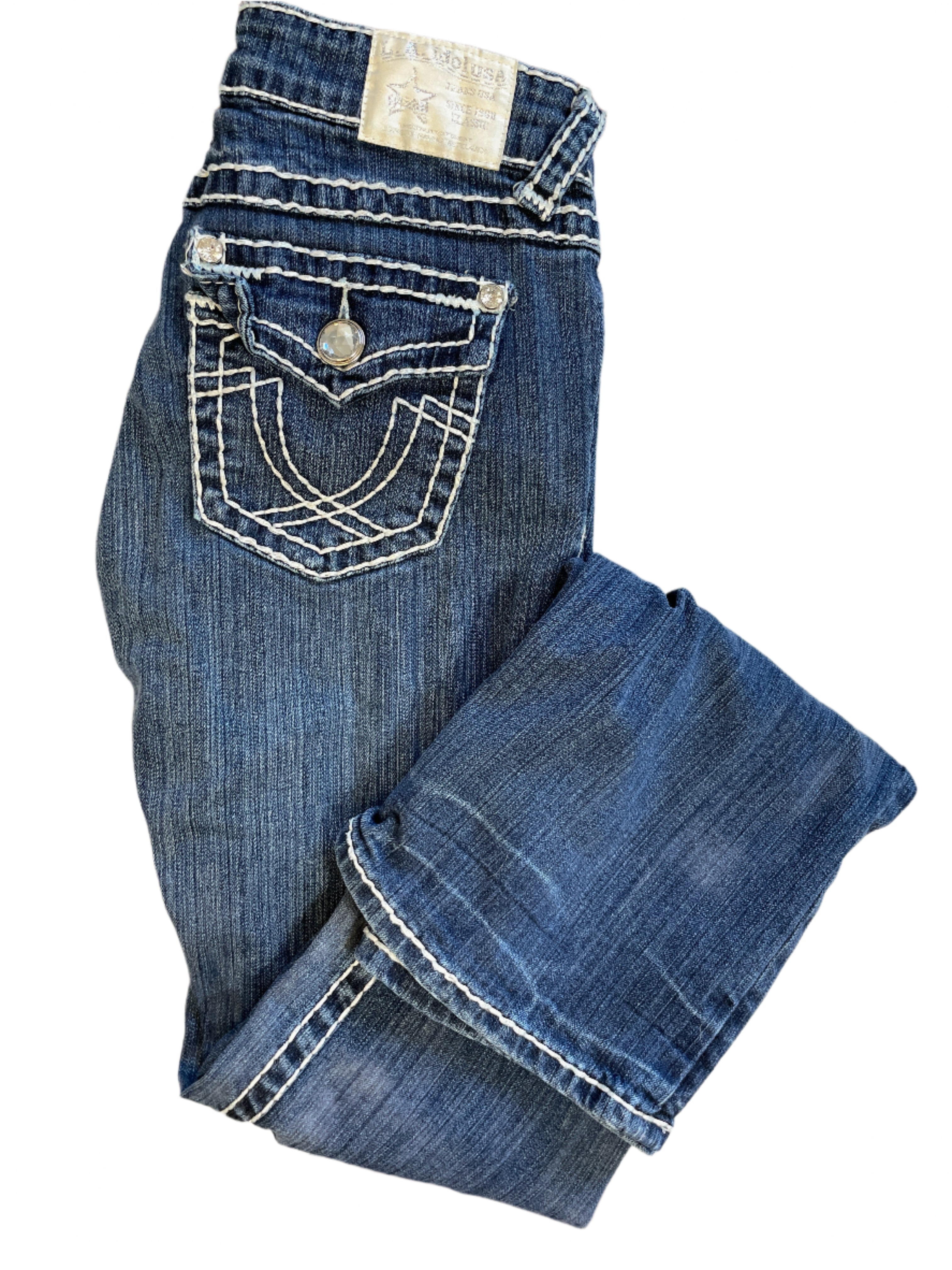LA Idol USA jeans folded to show rhinestone flap pocket and bootcut leg