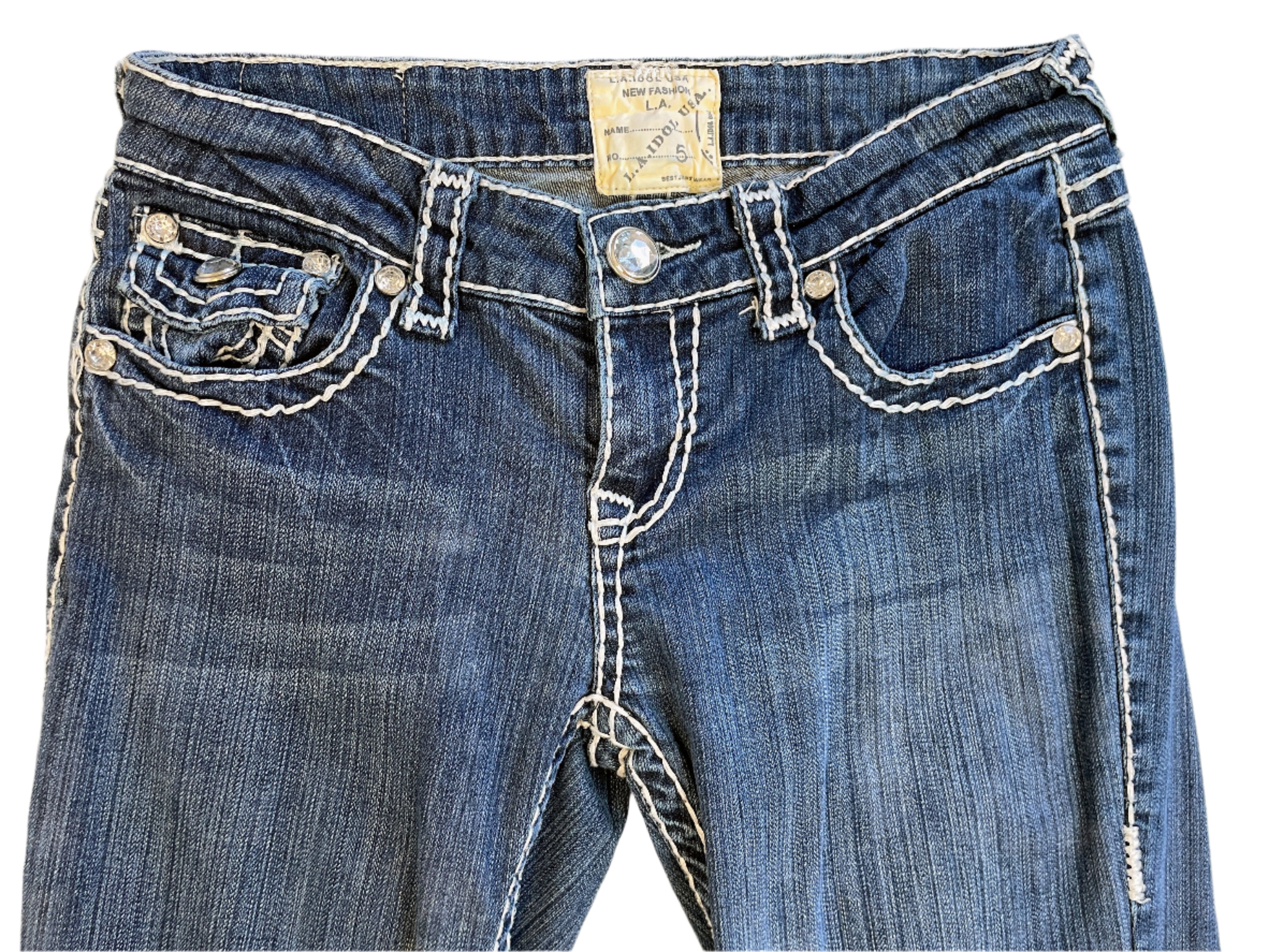 LA Idol USA jeans front view with rhinestone button and contrast stitching