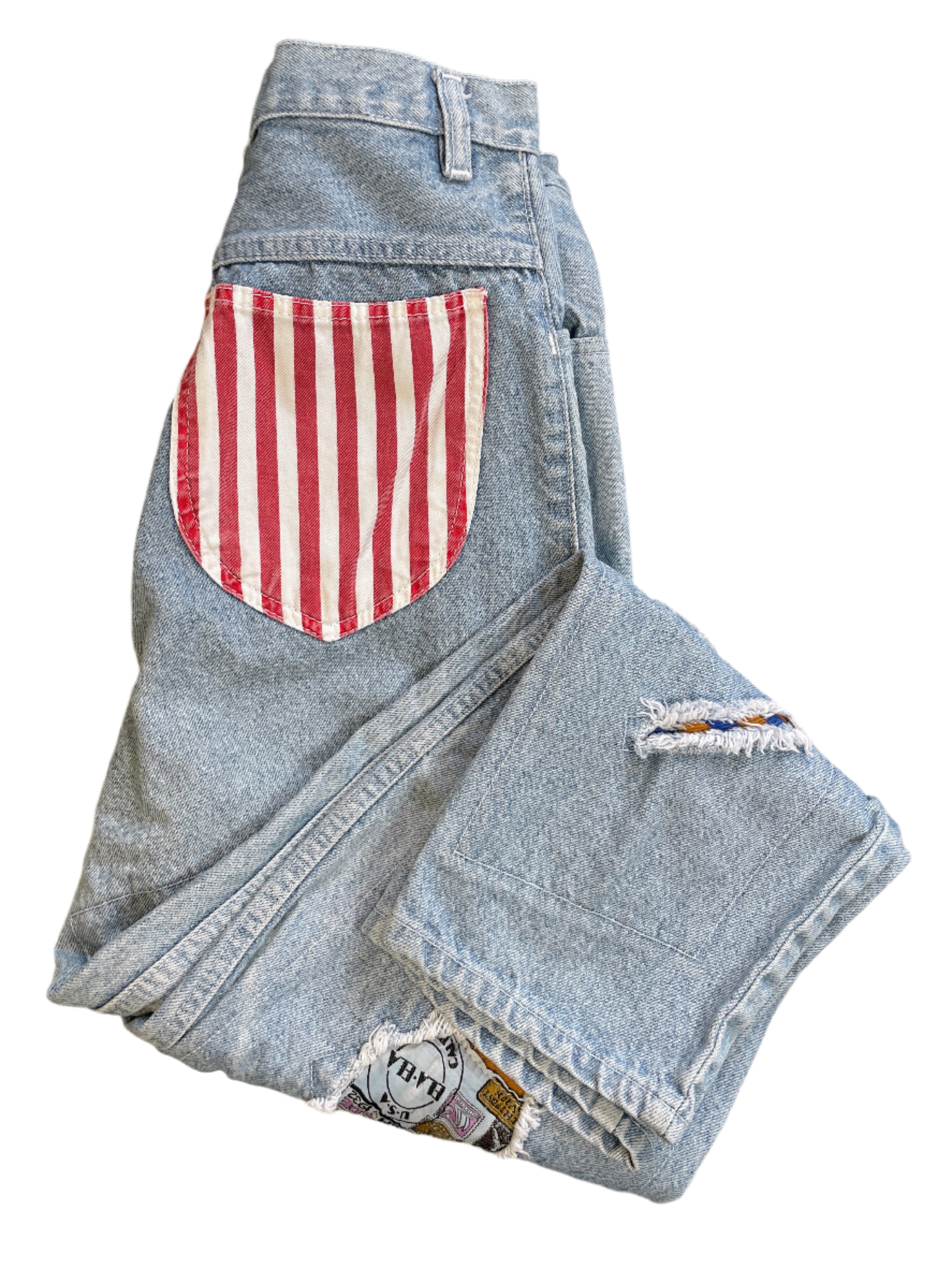 Folded BEFA patchwork jeans with striped red back pocket
