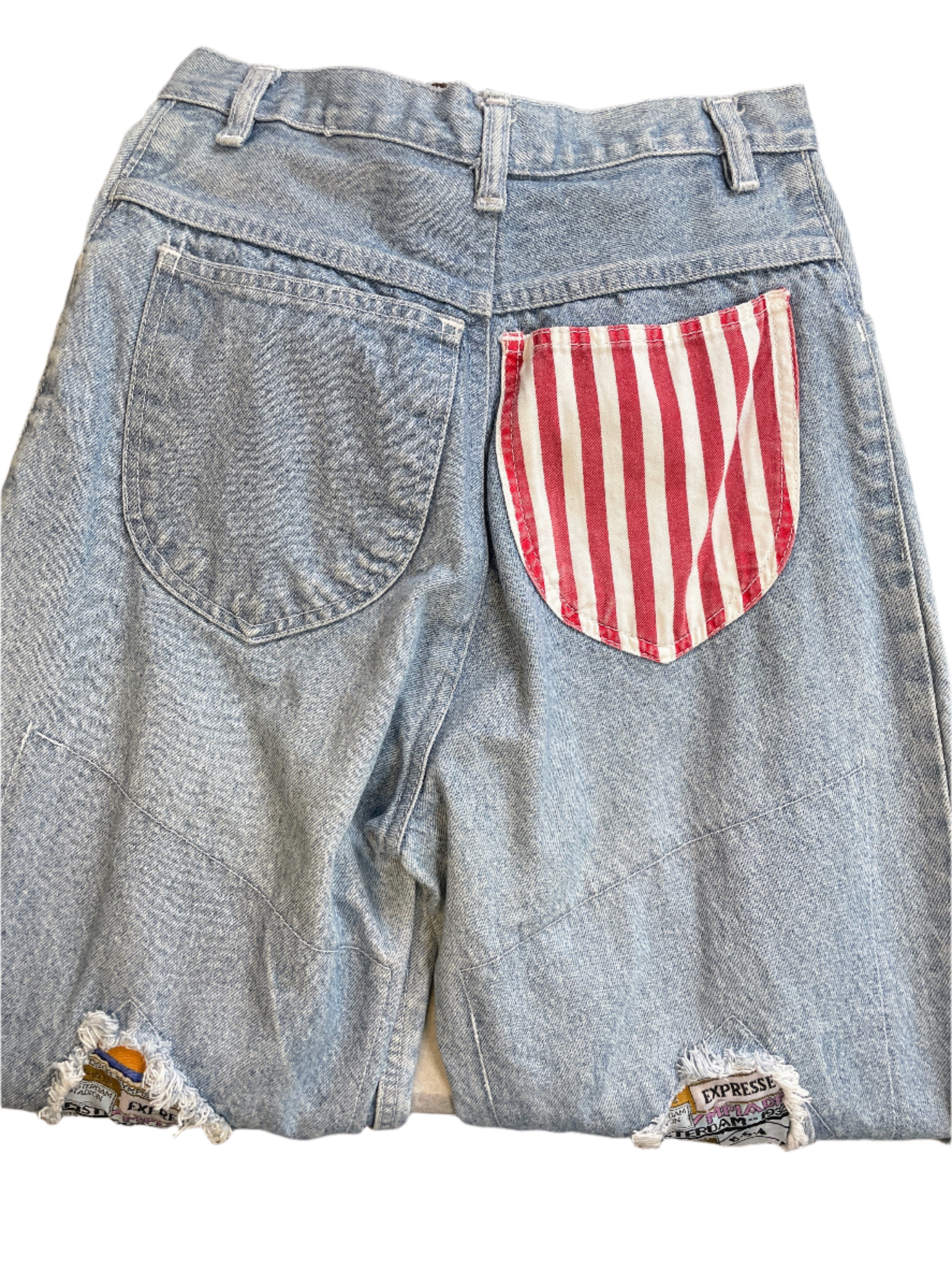 Rear view of jeans with one striped back pocket
