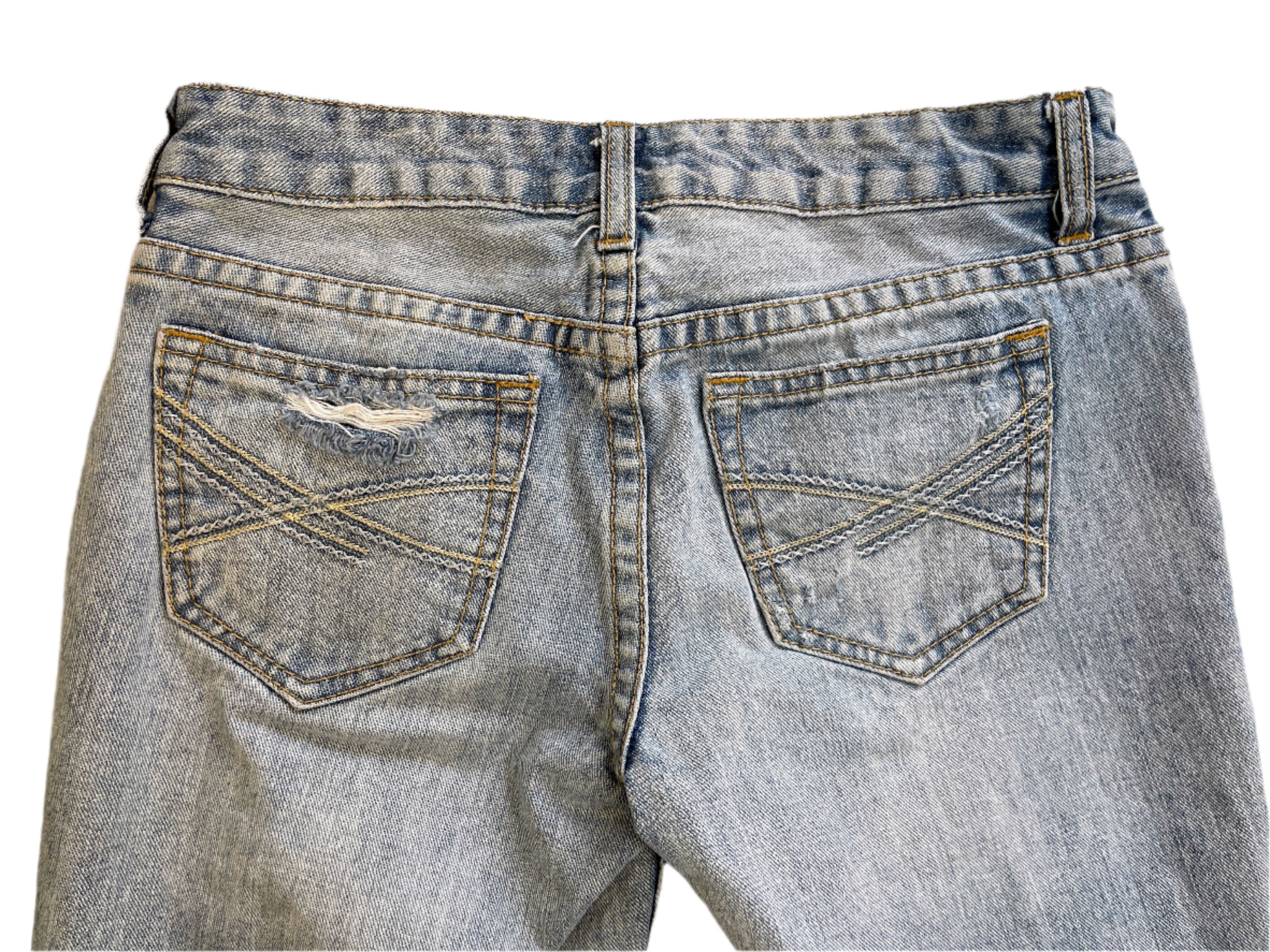 Back view of a pair of light blue jeans on a neutral background