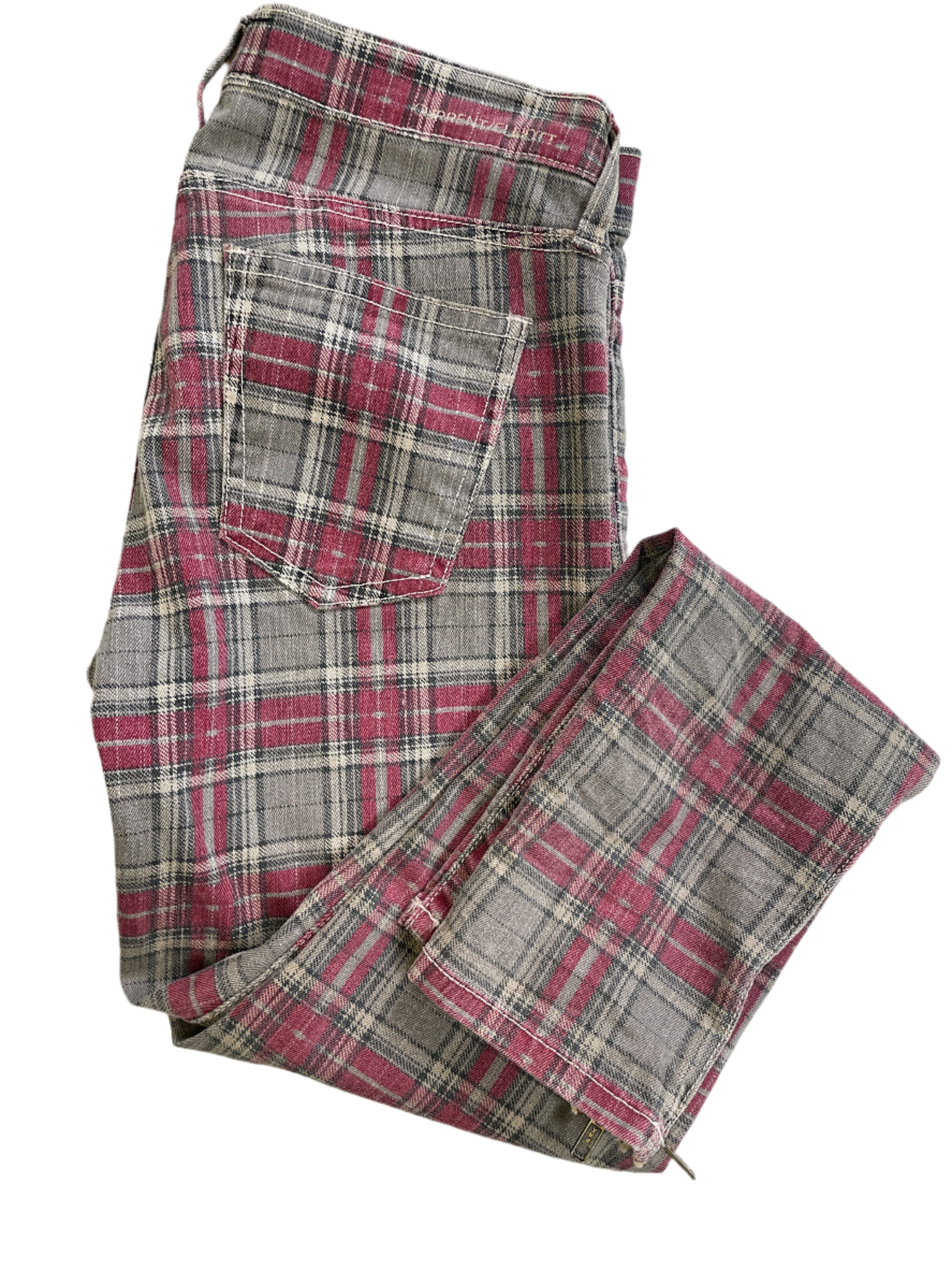 Current/Elliott red plaid skinny jeans size 26 with zippered front pockets and cropped ankle length