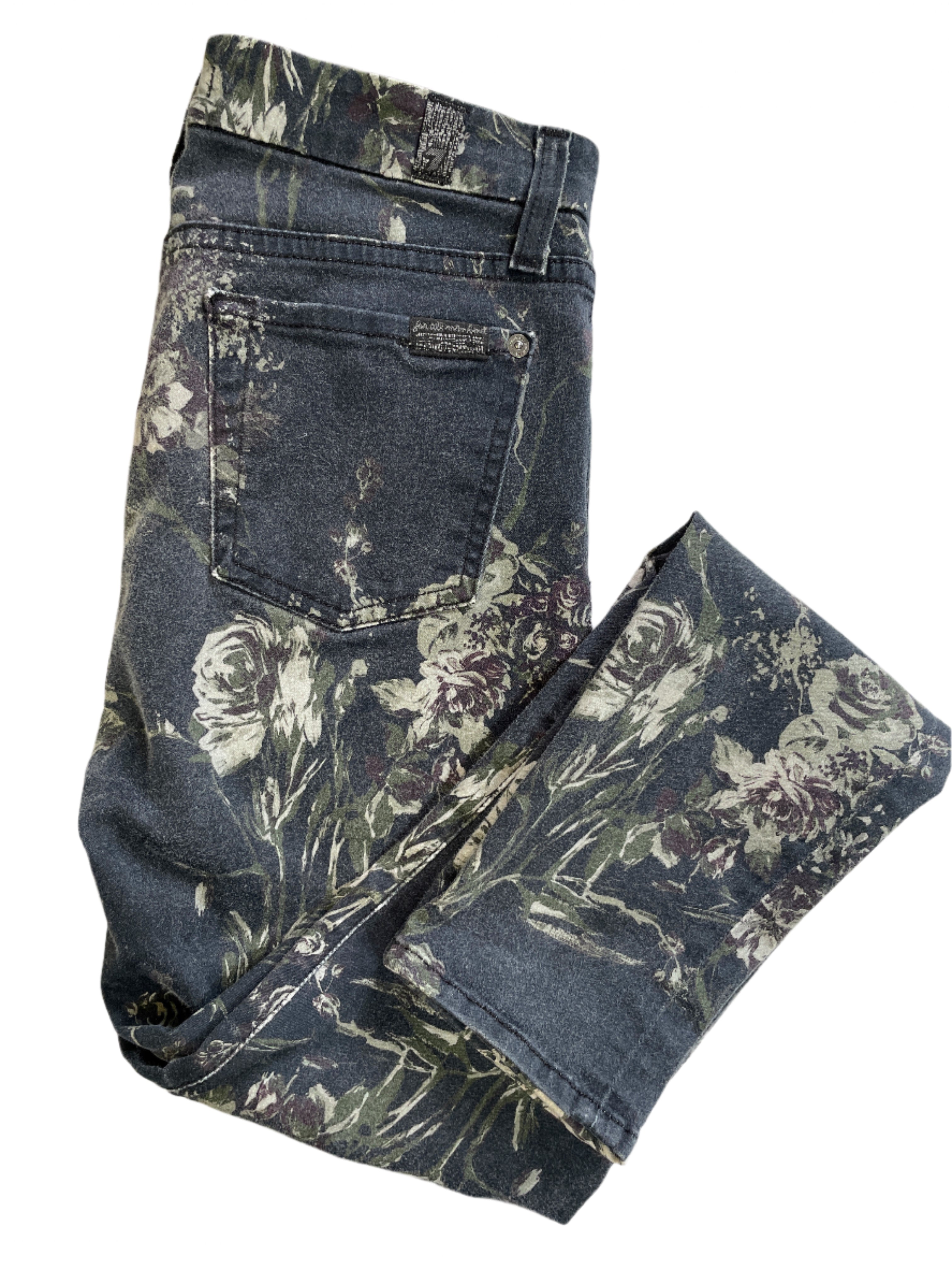7 For All Mankind floral skinny jeans in black with vintage rose print, size 26 
