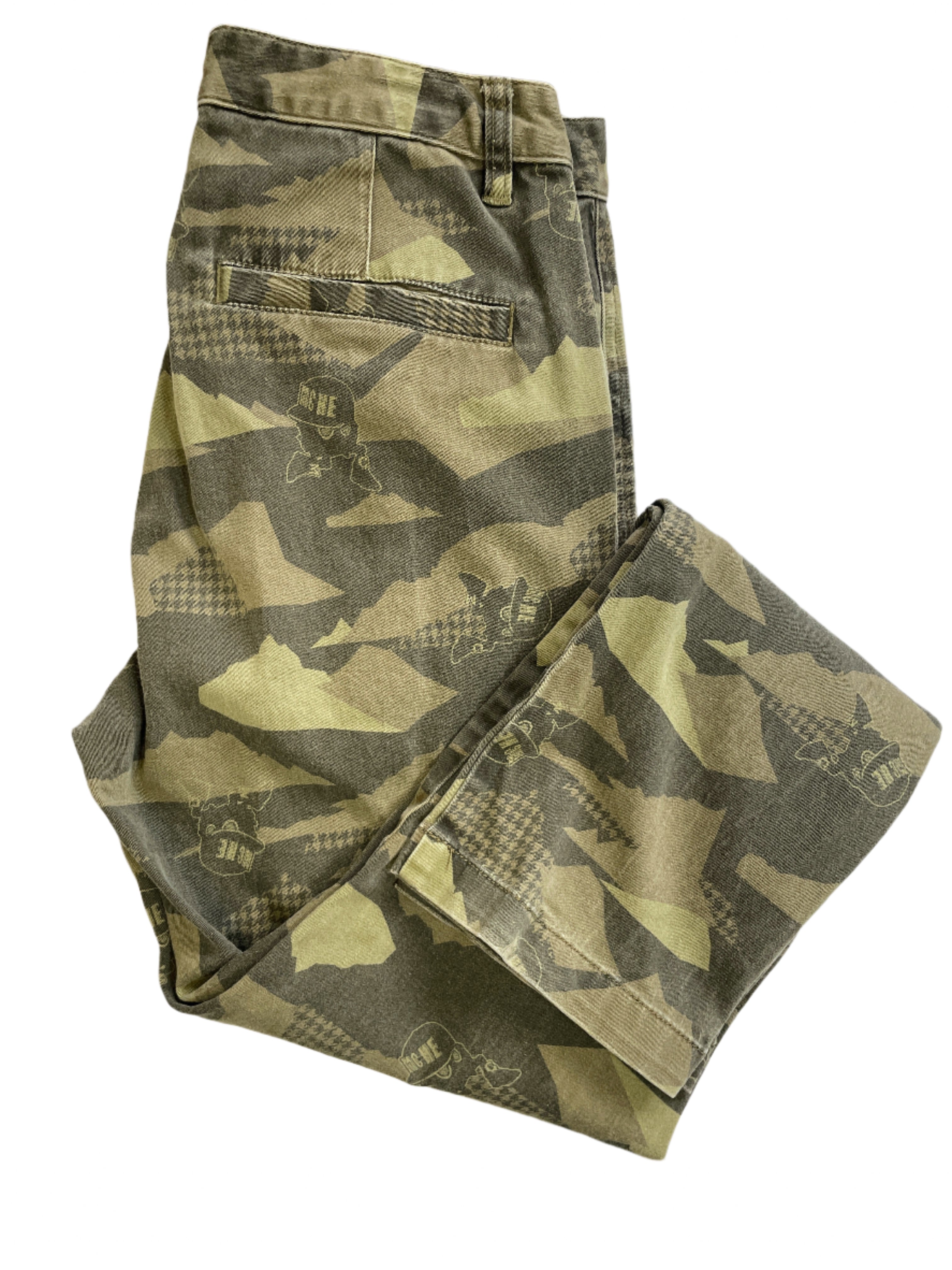 Folded BSX camouflage jeans showing front leg and back pocket.