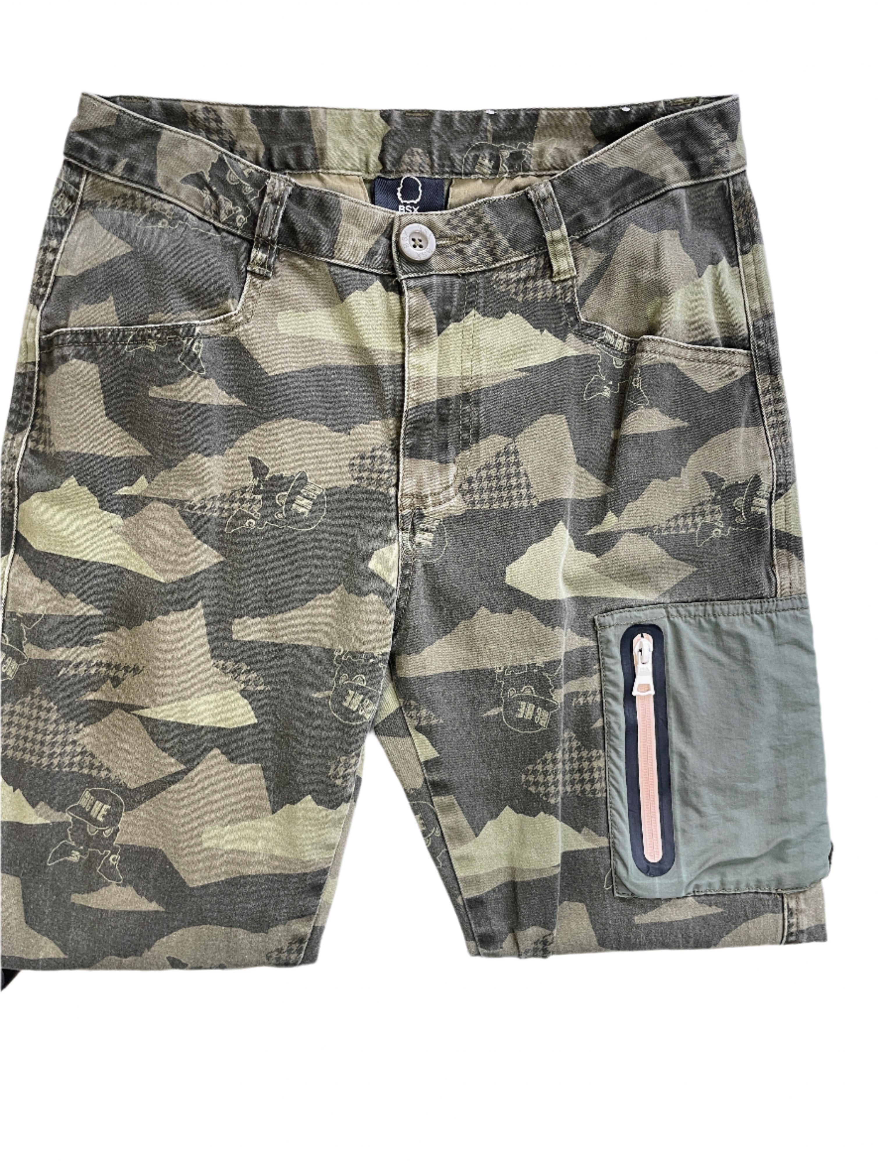Front view of BSX camouflage jeans with zipper fly and zippered leg pocket.