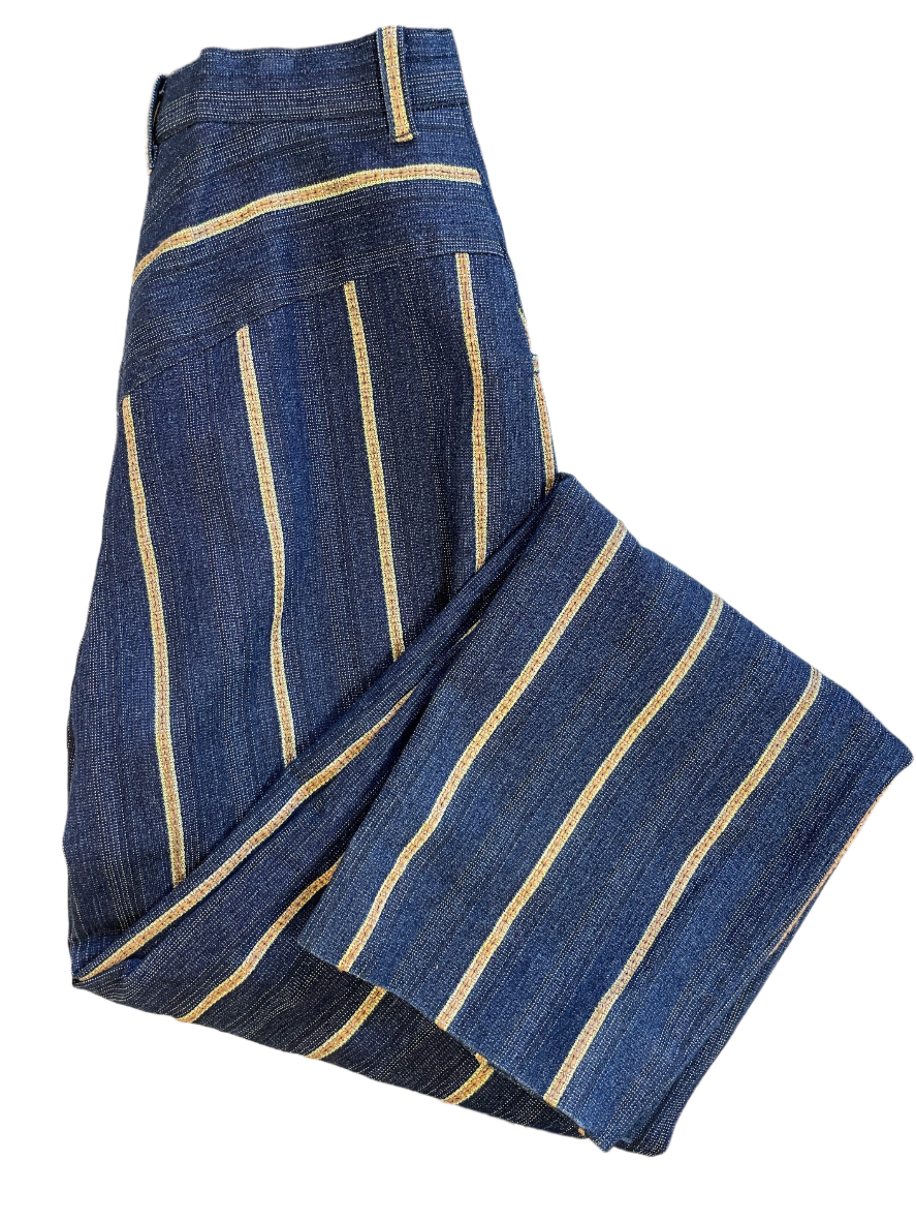 Navy blue wide-leg pants with golden vertical stripes,