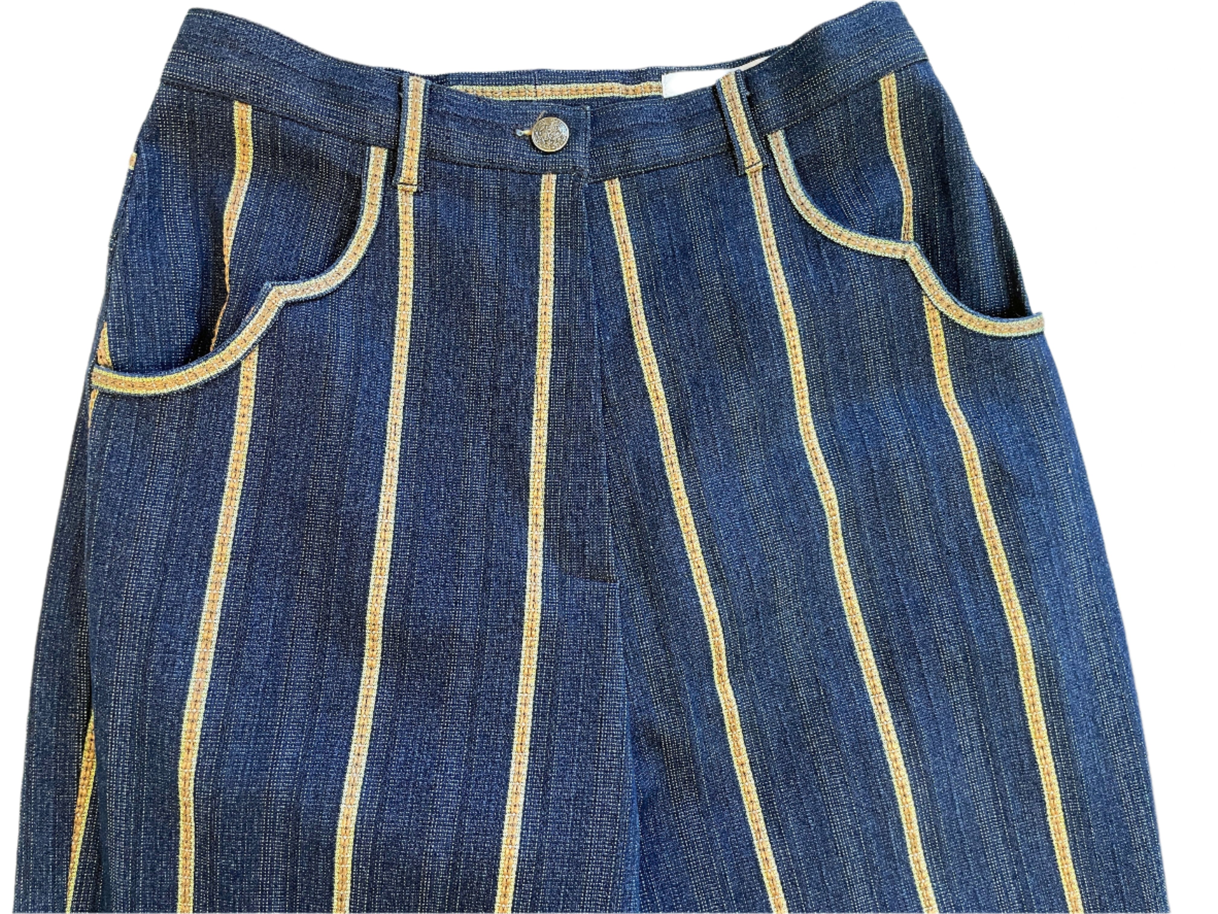 Blue denim pants with gold stitching on a white background
