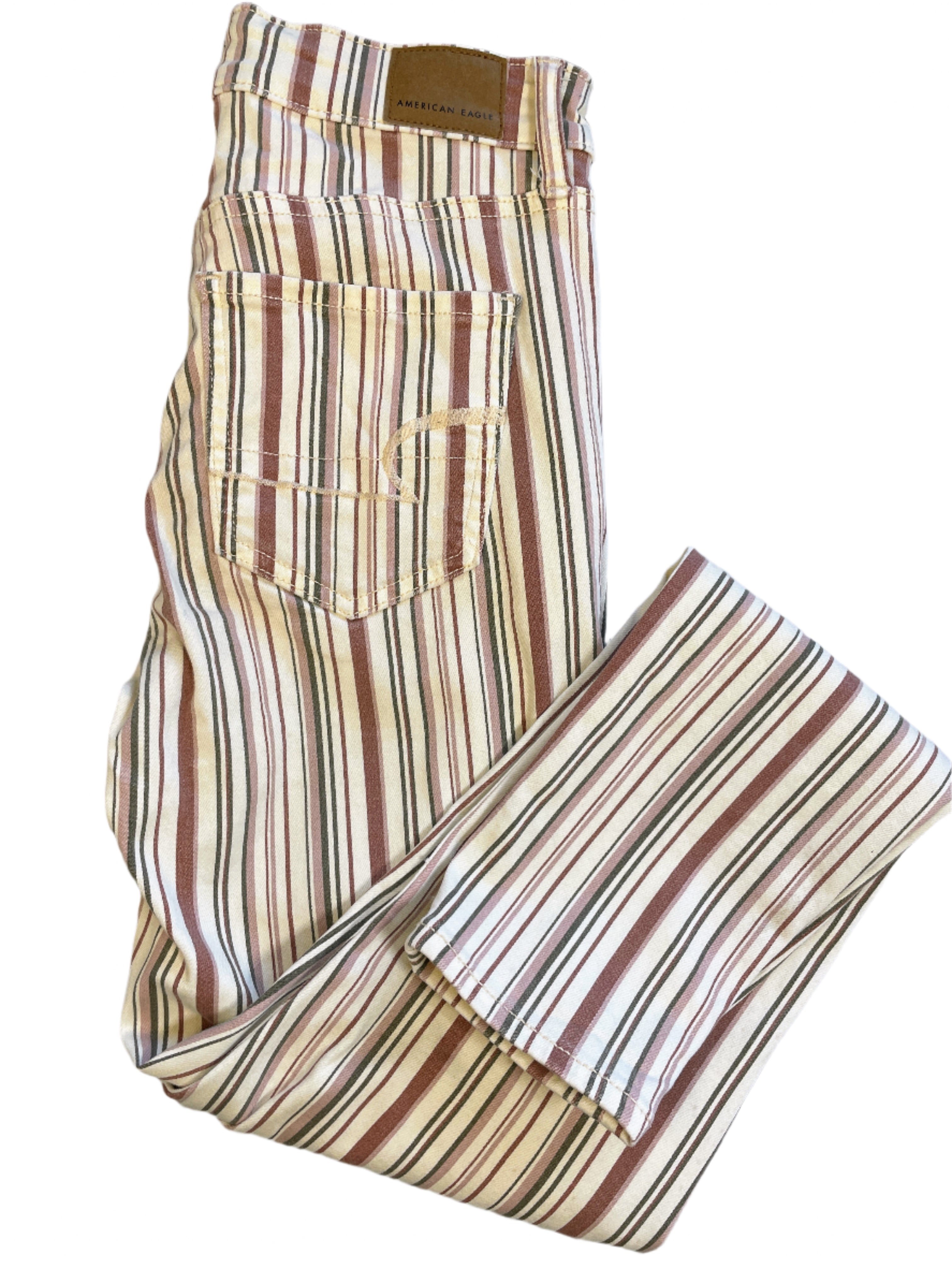 Folded American Eagle striped jeans showing back pocket and label