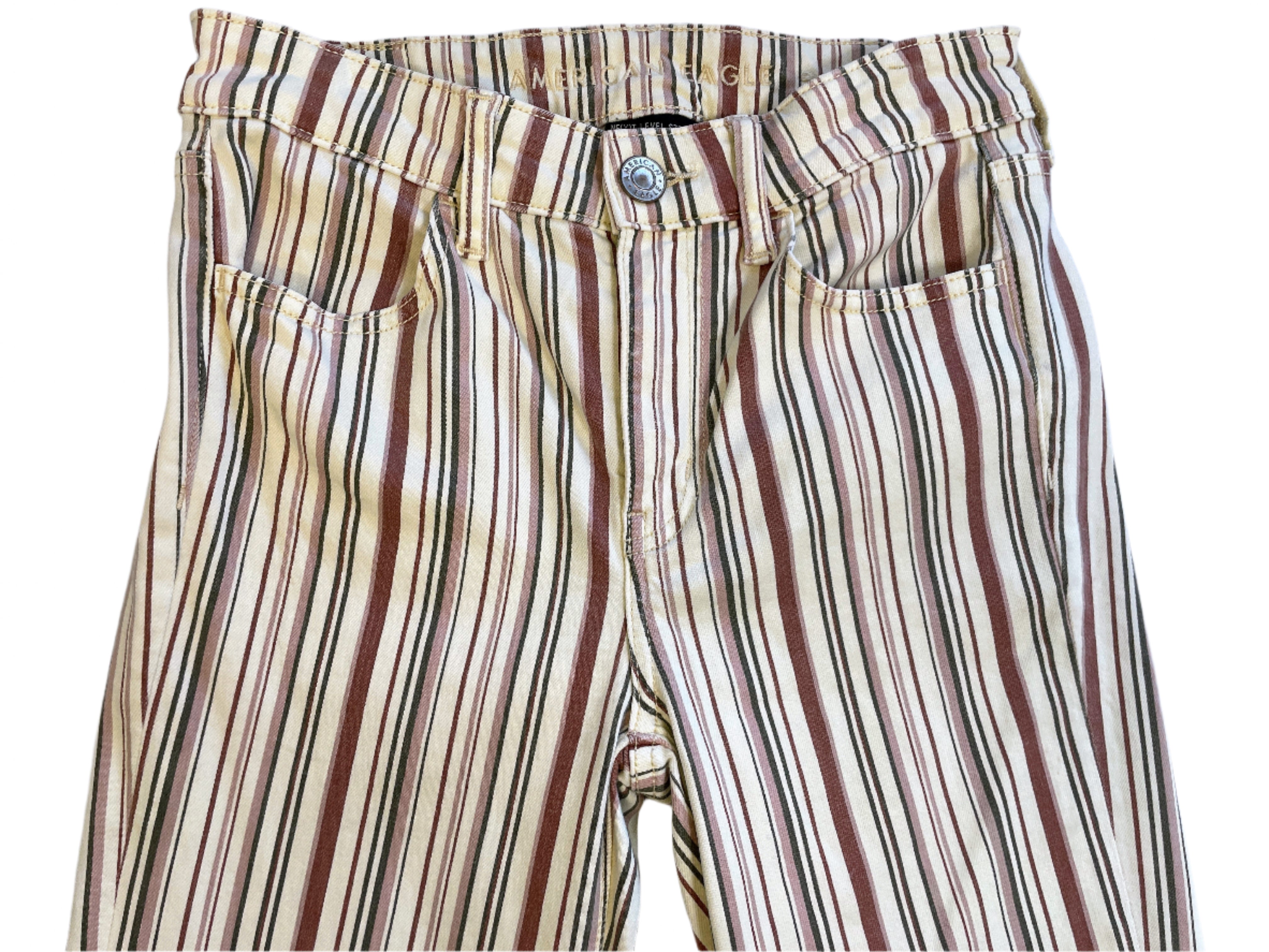 Front view of American Eagle striped jeans with zipper fly