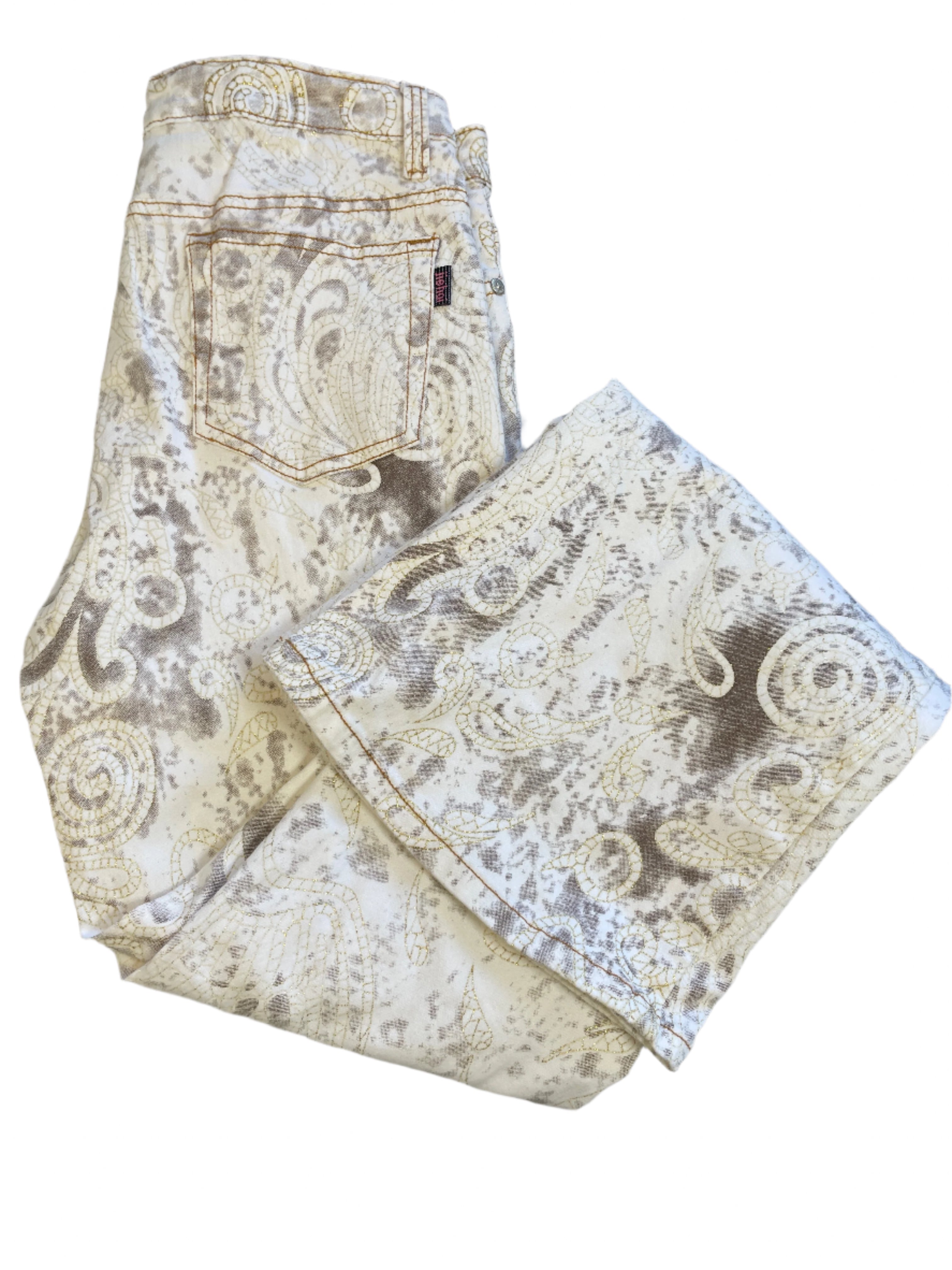 Jie Hoi white and gold paisley bell bottom jeans size 29 with tie-dye look and gold stitching