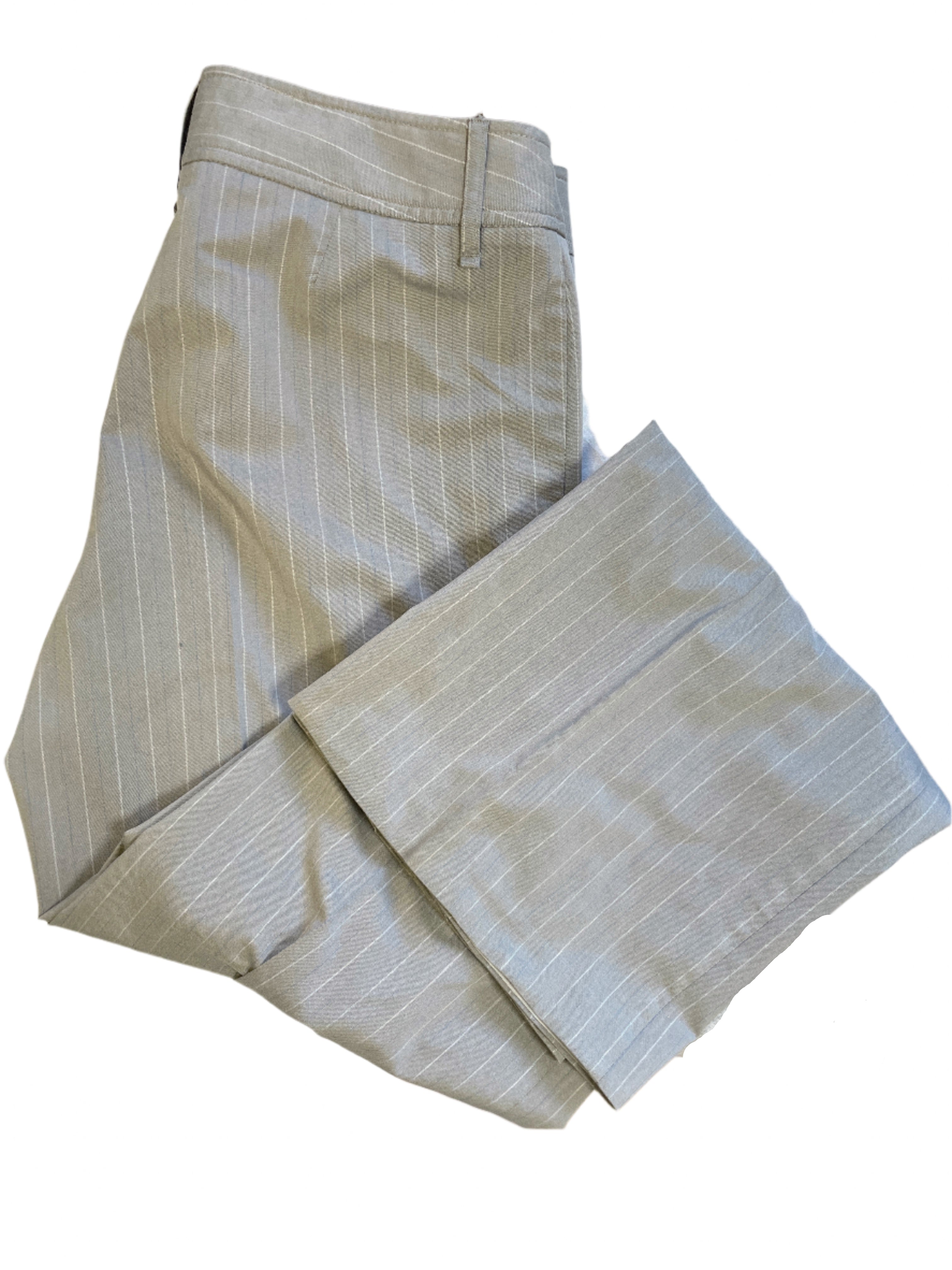Grey pinstripe wide-leg dress pants by Jacob, size 34, flat lay