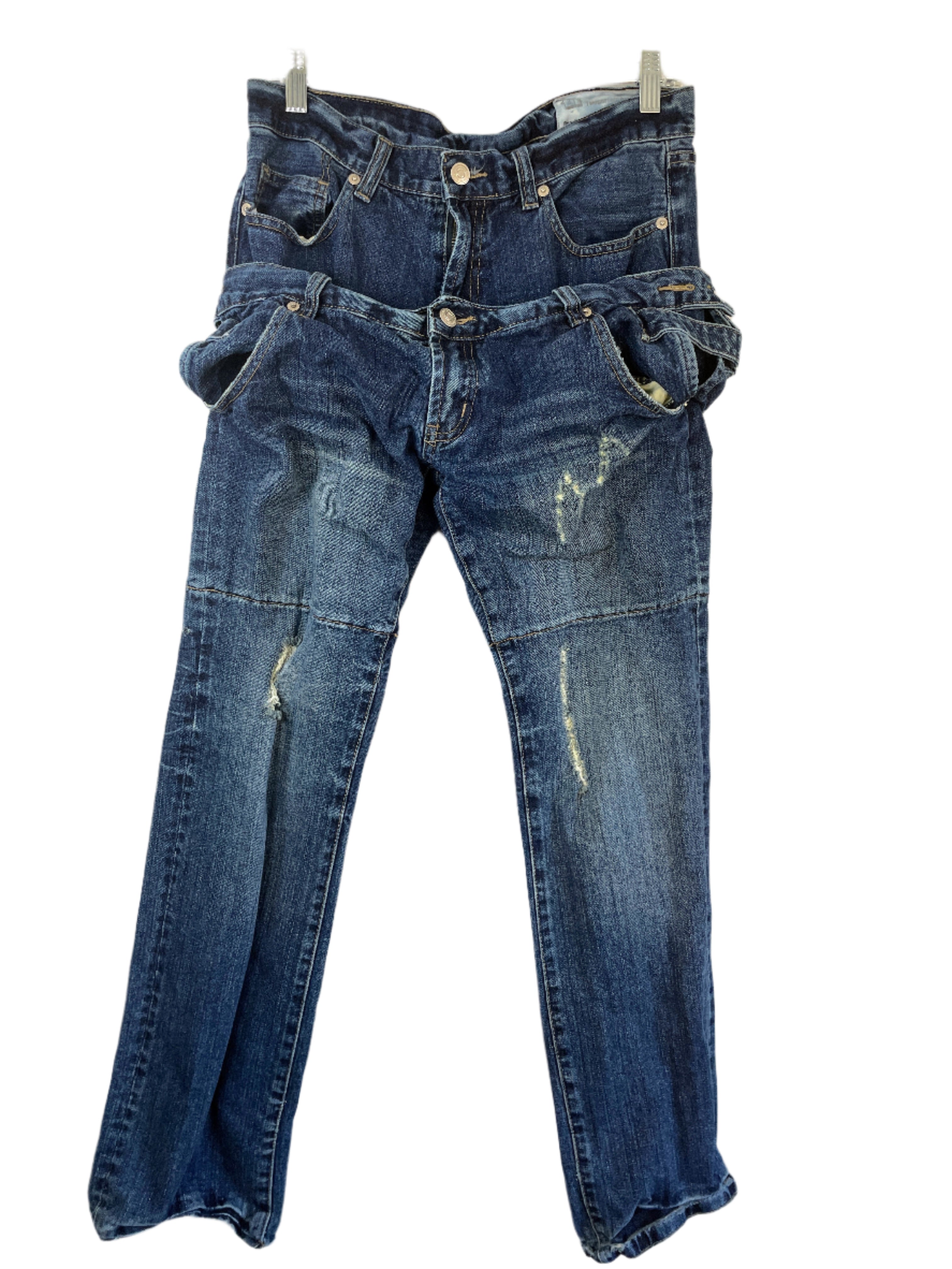 Double waist dark wash Twopercent Homme jeans in women’s size medium with distressed details and back stitching.