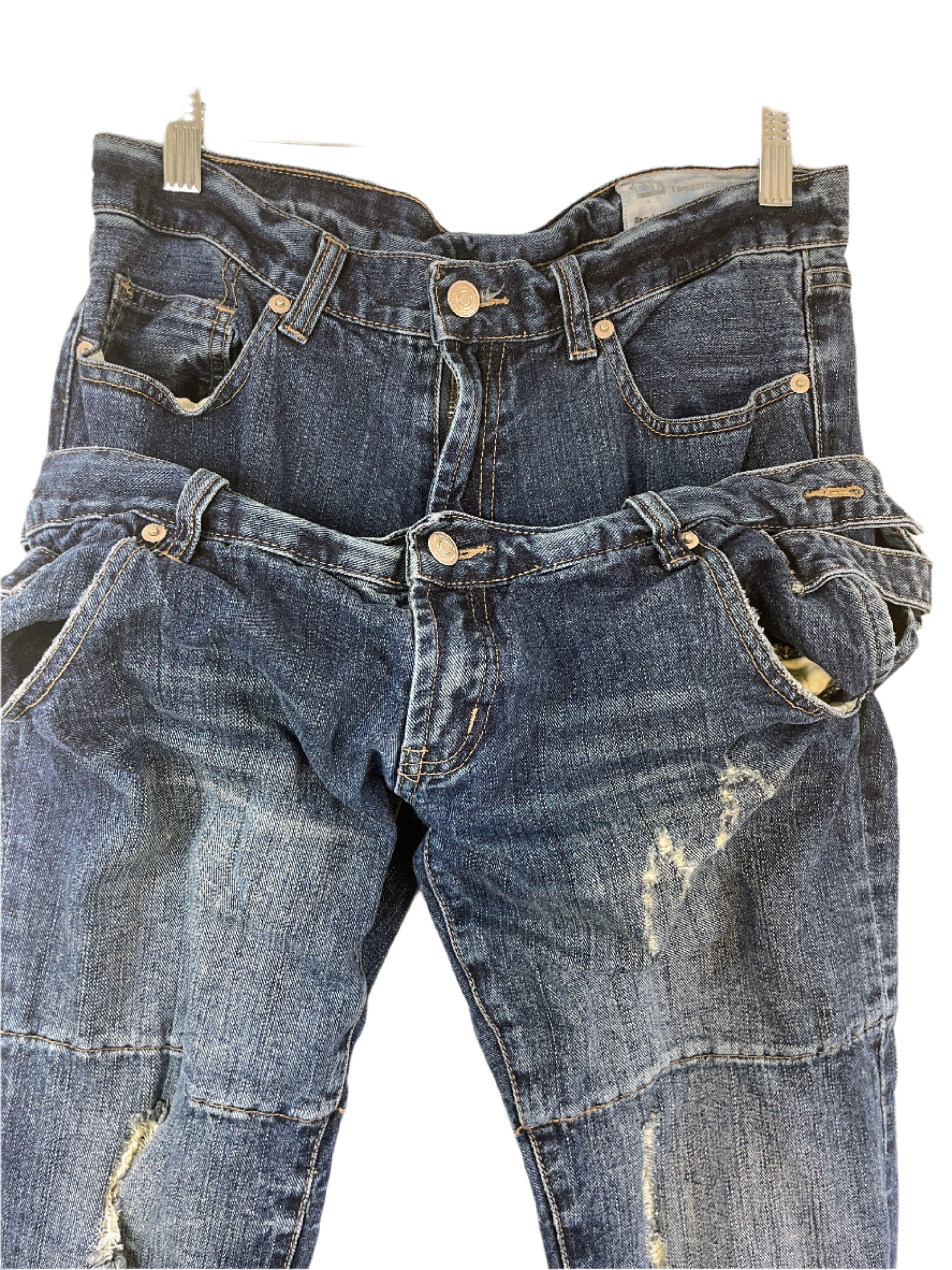 Double waist dark wash Twopercent Homme jeans in women’s size medium with distressed details