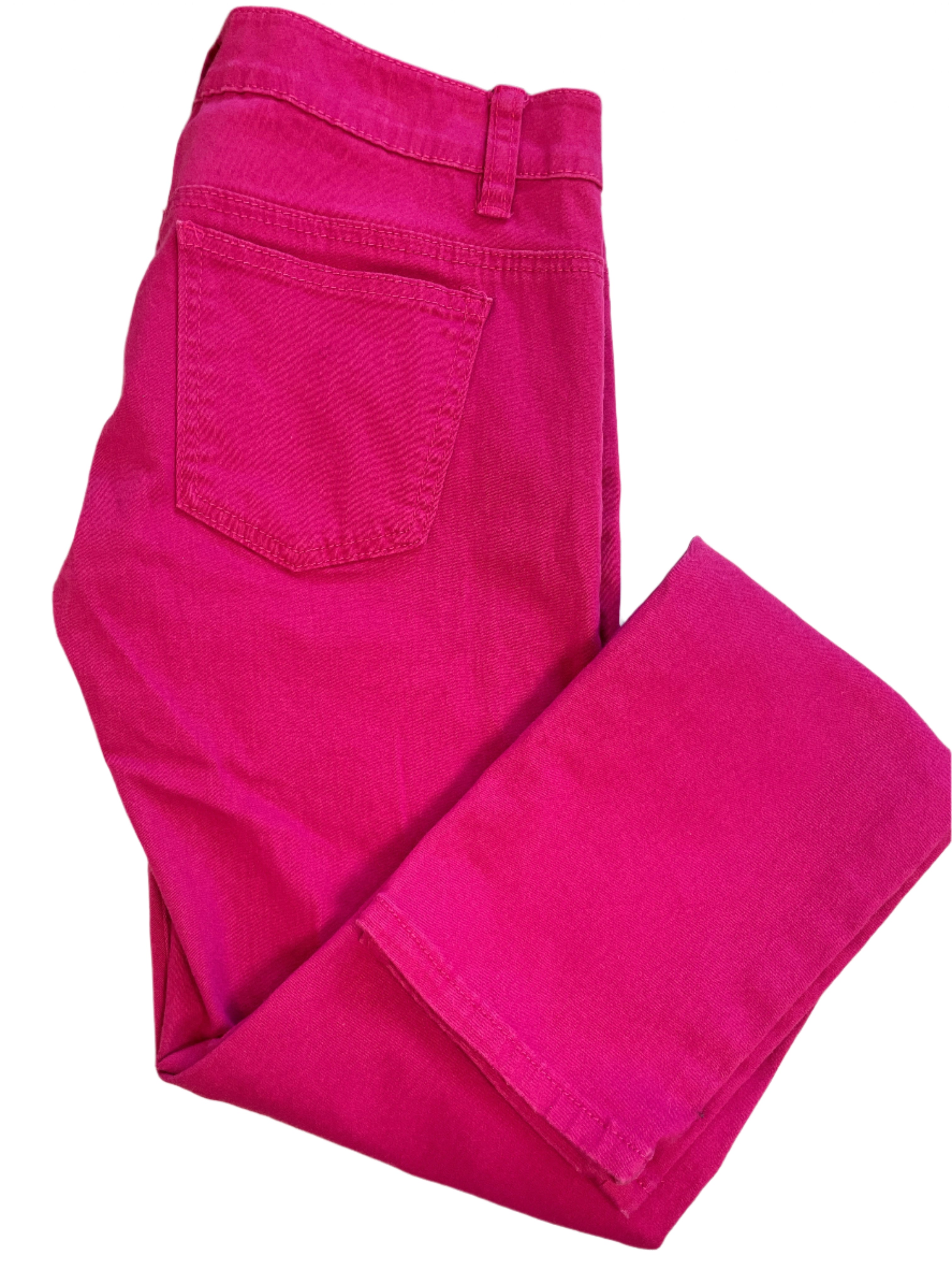 Bright fuchsia UK2LA stretch jeans with five-pocket style, shown folded