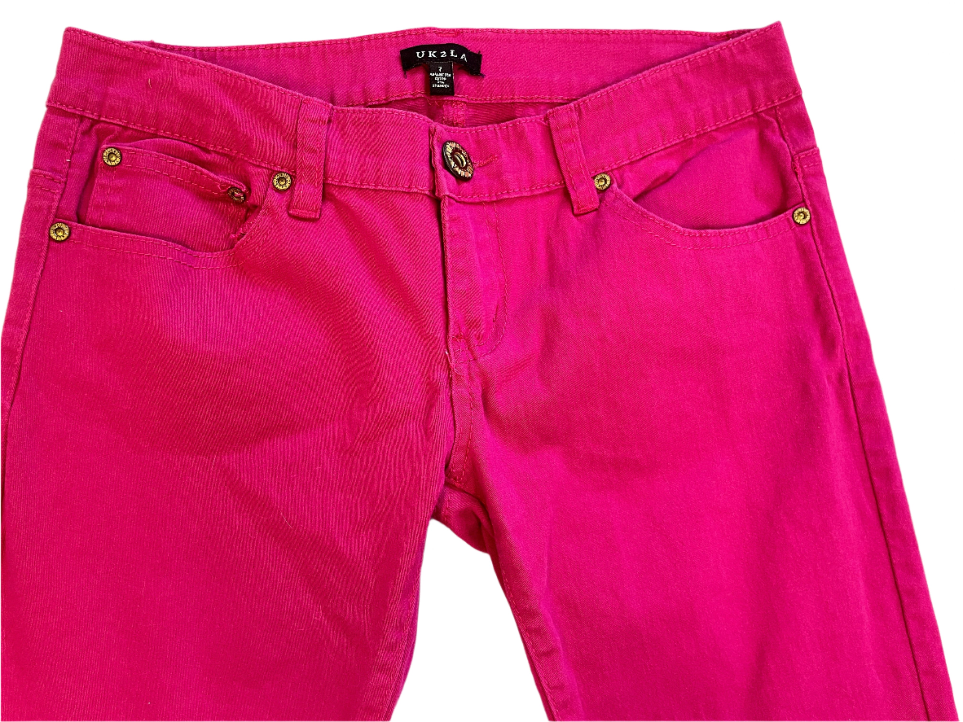 Bright fuchsia UK2LA stretch jeans with five-pocket style,