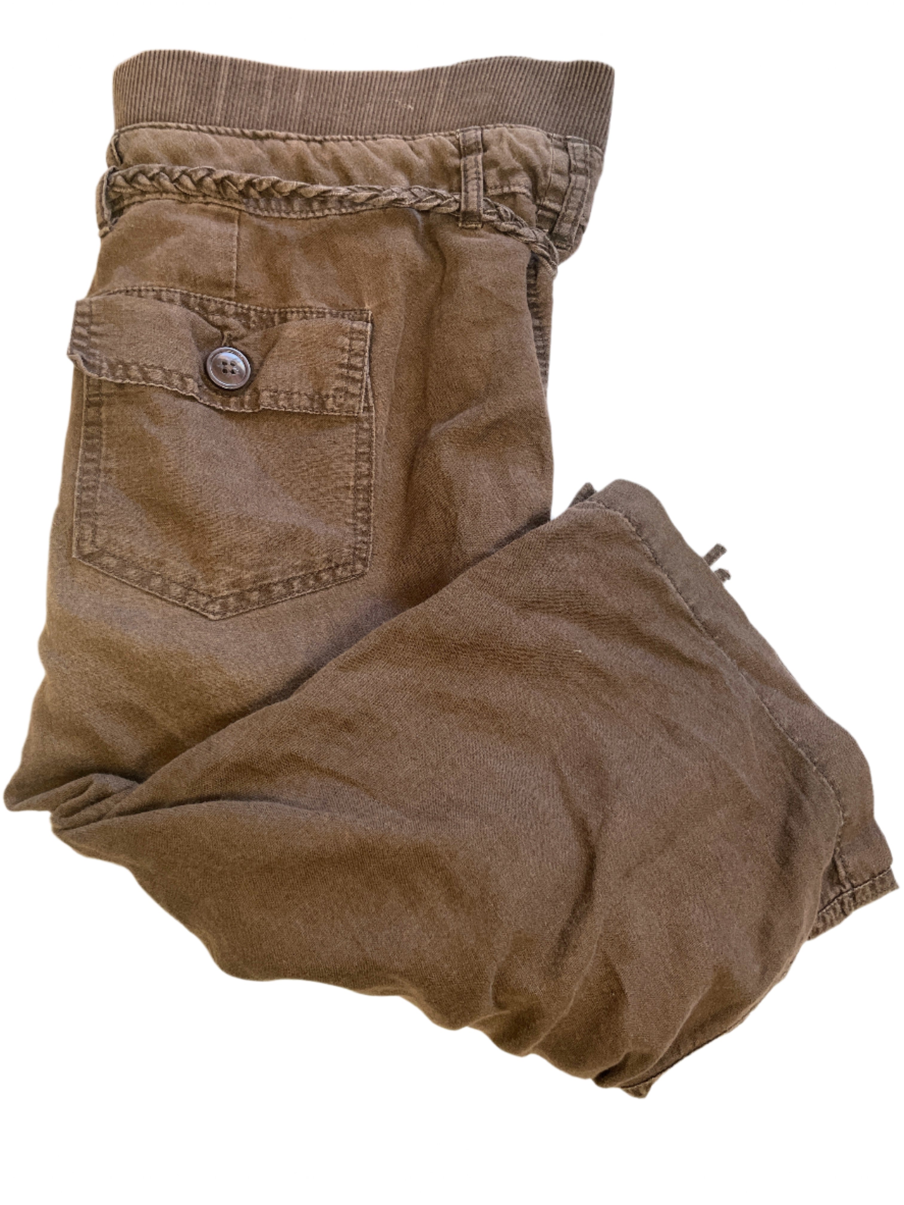 Old Navy maternity capri pants in brown linen-cotton blend, with elastic waistband, braided belt, and buttoned back pockets, size small.